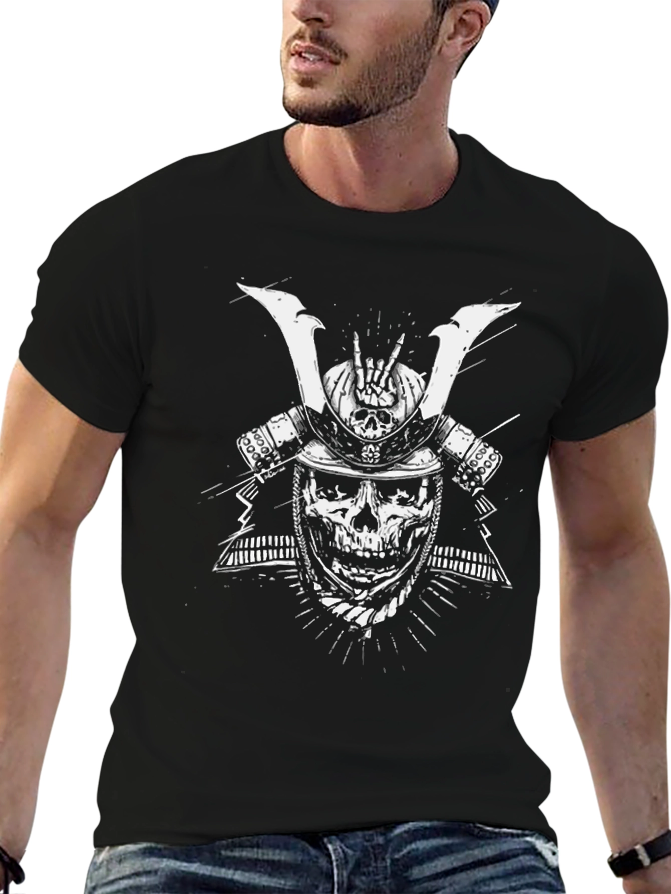 Skull Samurai Graphic Tee - Black Cotton T-Shirt