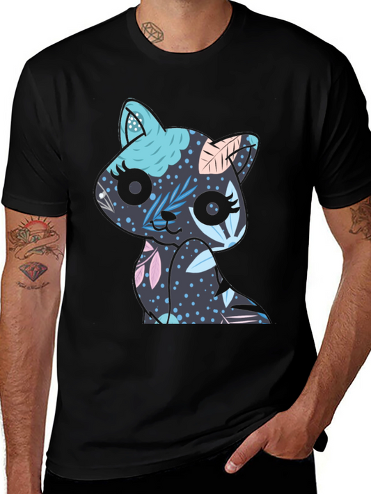 Floral Cat T-Shirt - Black Cute Kitty Tee