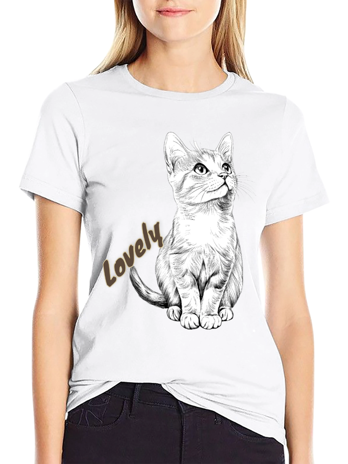 Lovely Cat Graphic Tee - Black Cotton Casual Shirt
