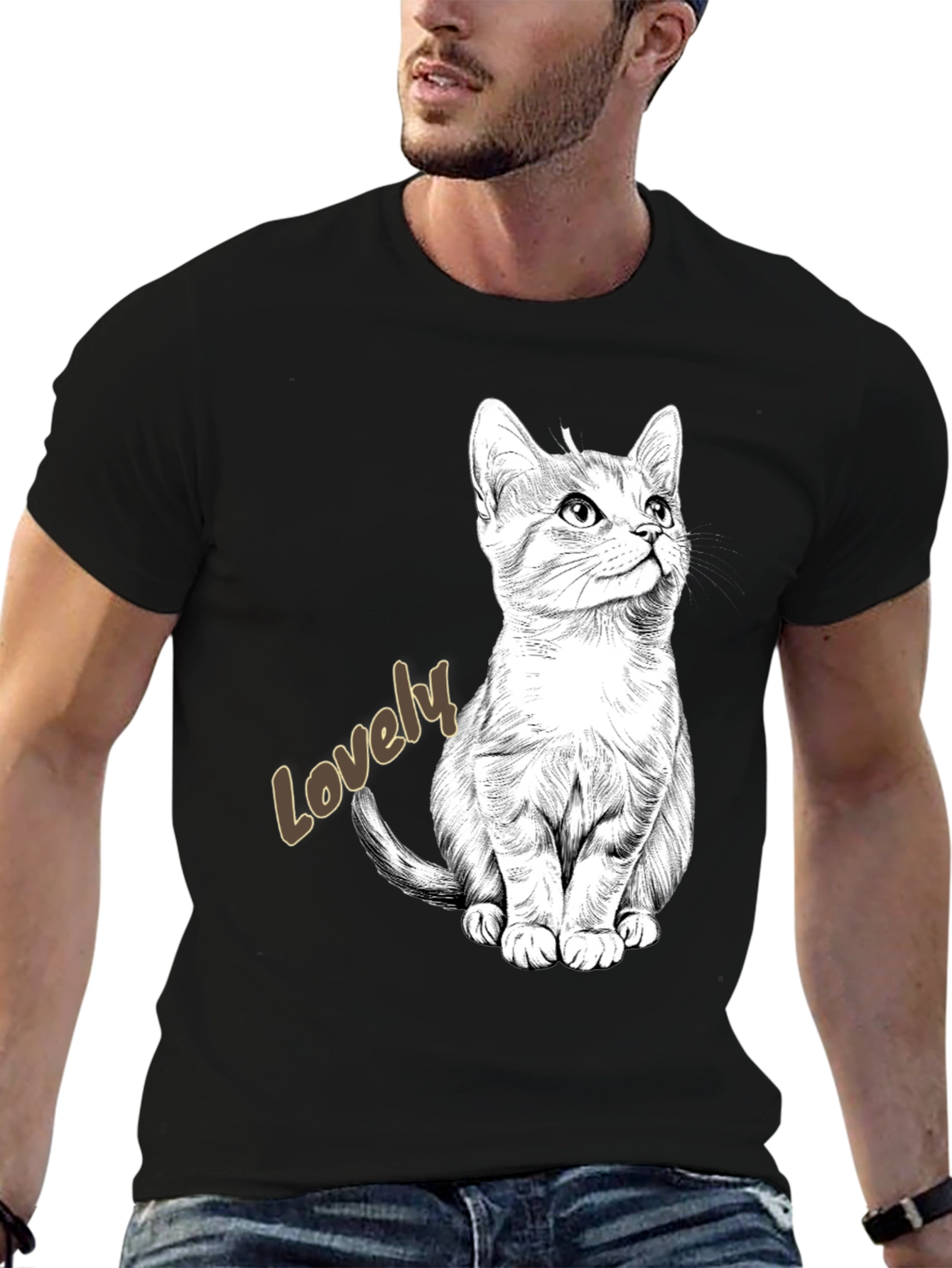 Lovely Cat Graphic Tee - Black Cotton Casual Shirt