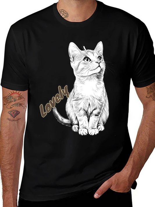 Lovely Cat Graphic Tee - Black Cotton Casual Shirt