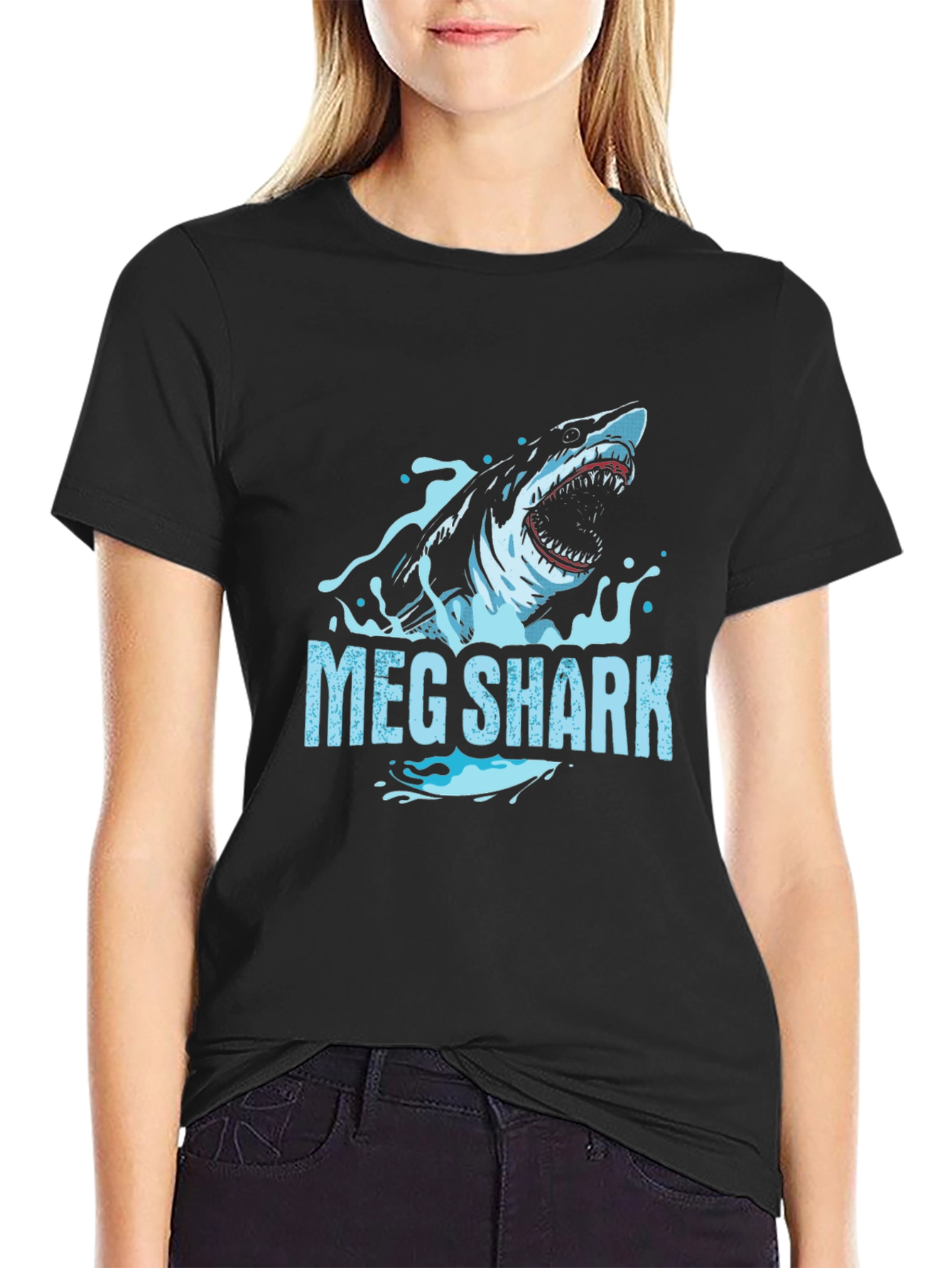 Meg Shark Graphic Tee - Black Cotton T-Shirt