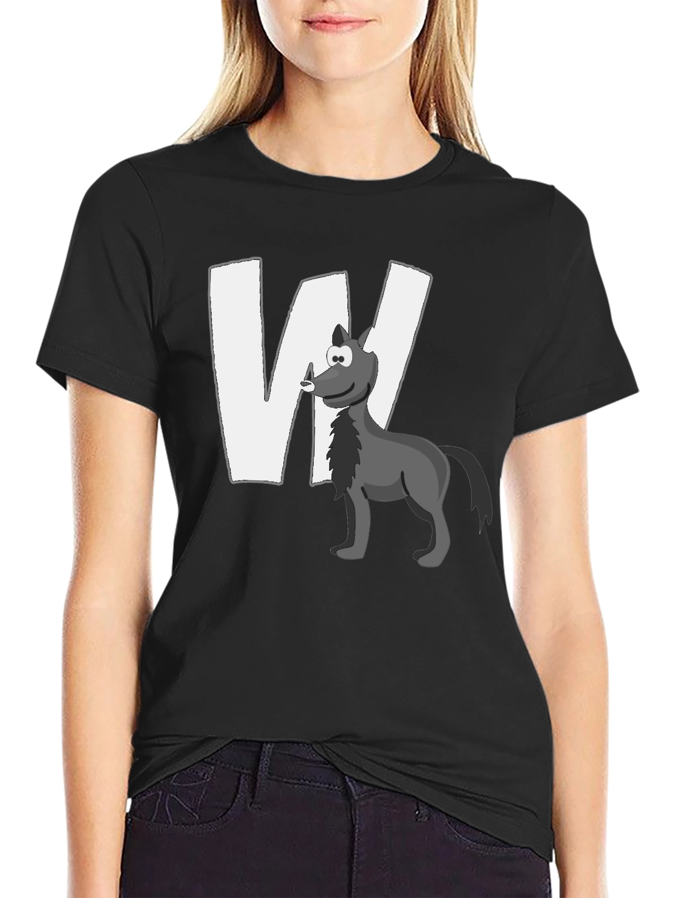 Wolf Cartoon Graphic Black T-Shirt