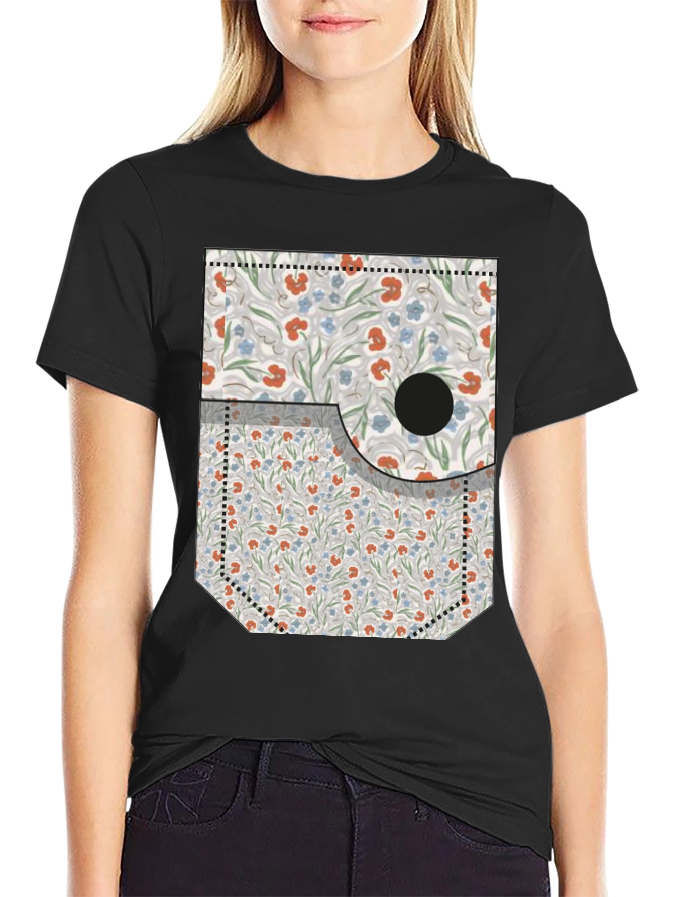 Floral Pocket Print Tee - Novelty Graphic T-Shirt