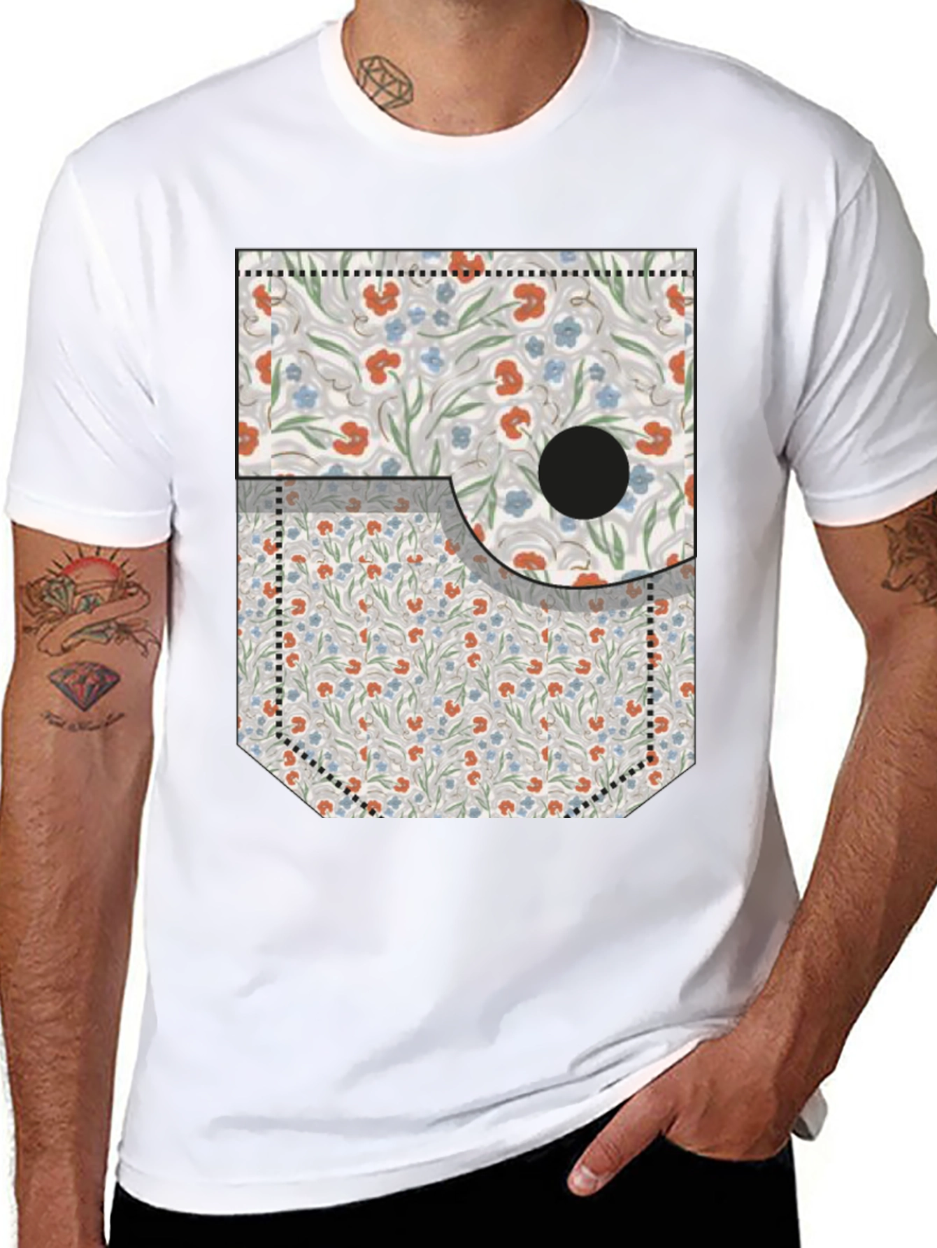 Floral Pocket Print Tee - Novelty Graphic T-Shirt