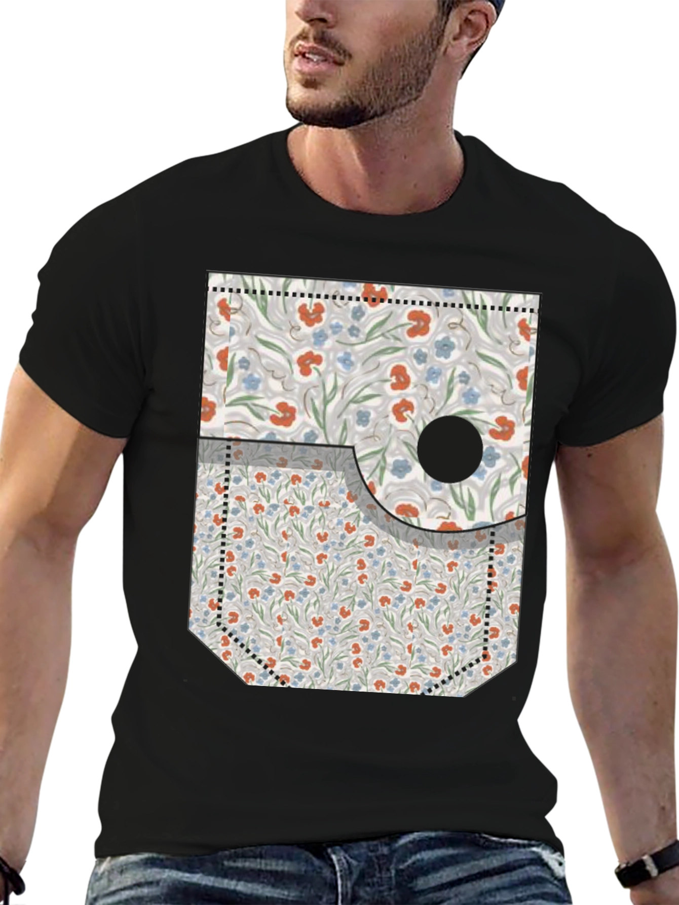 Floral Pocket Print Tee - Novelty Graphic T-Shirt
