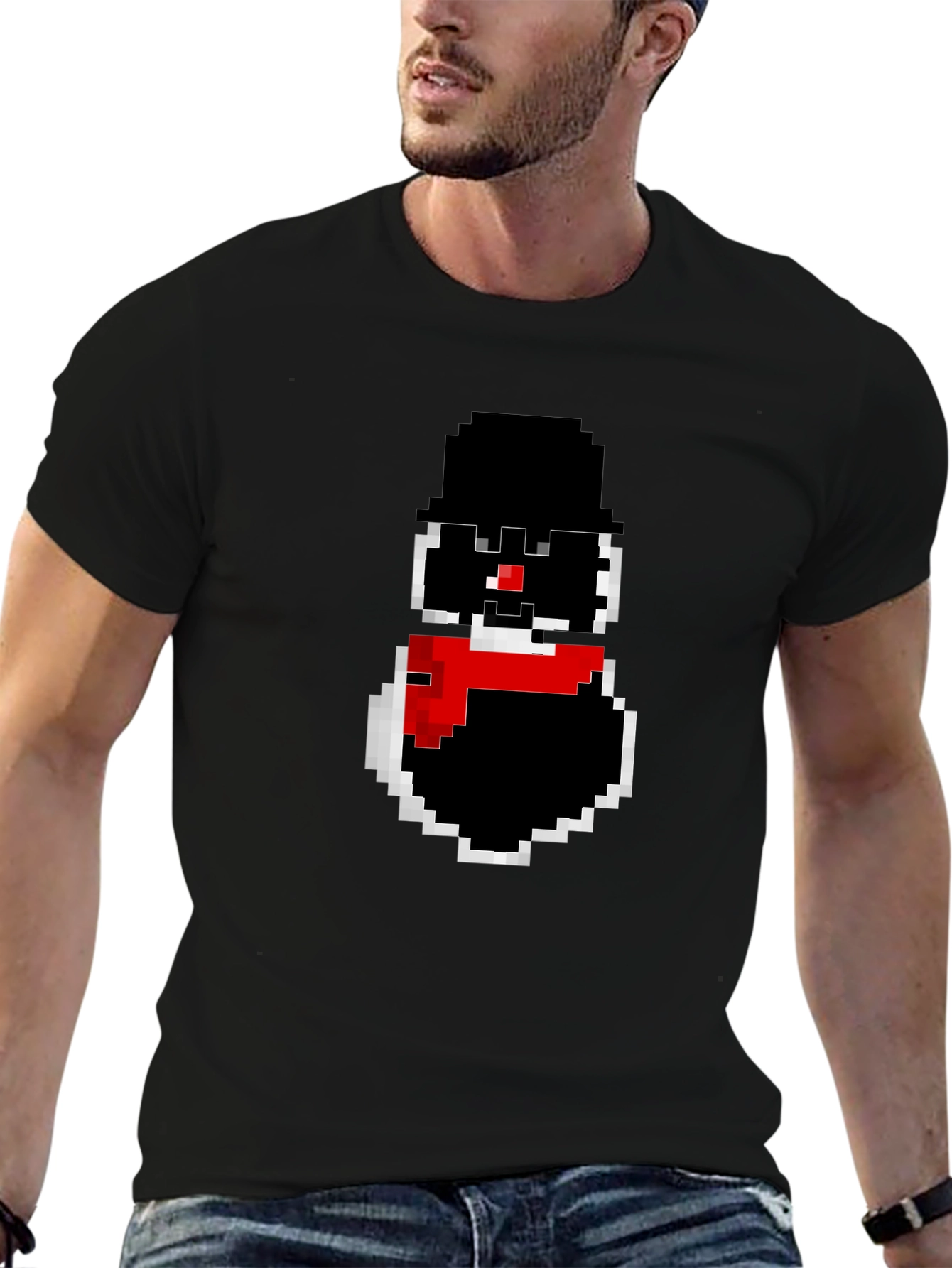 Pixel Snowman Graphic Tee - Black Cotton Blend
