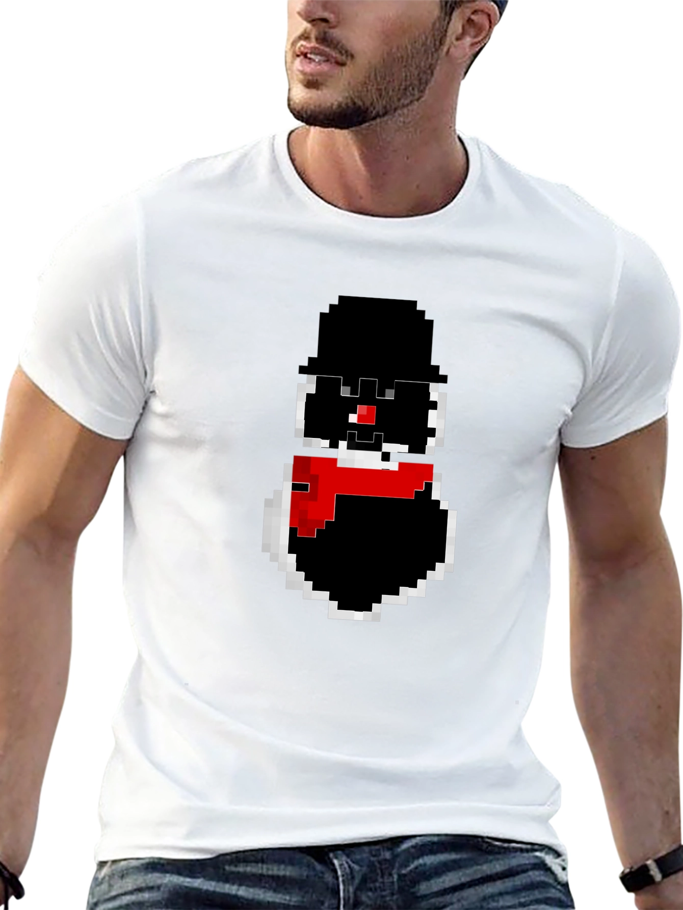 Pixel Snowman Graphic Tee - Black Cotton Blend
