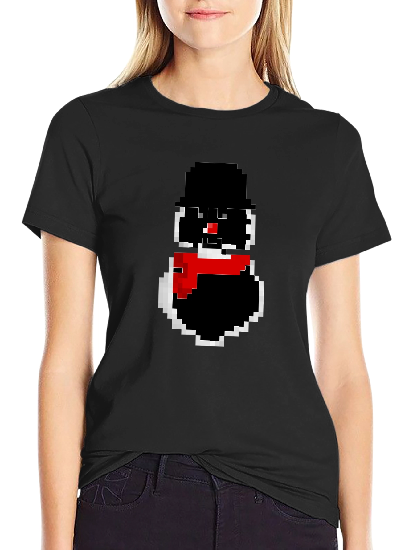 Pixel Snowman Graphic Tee - Black Cotton Blend