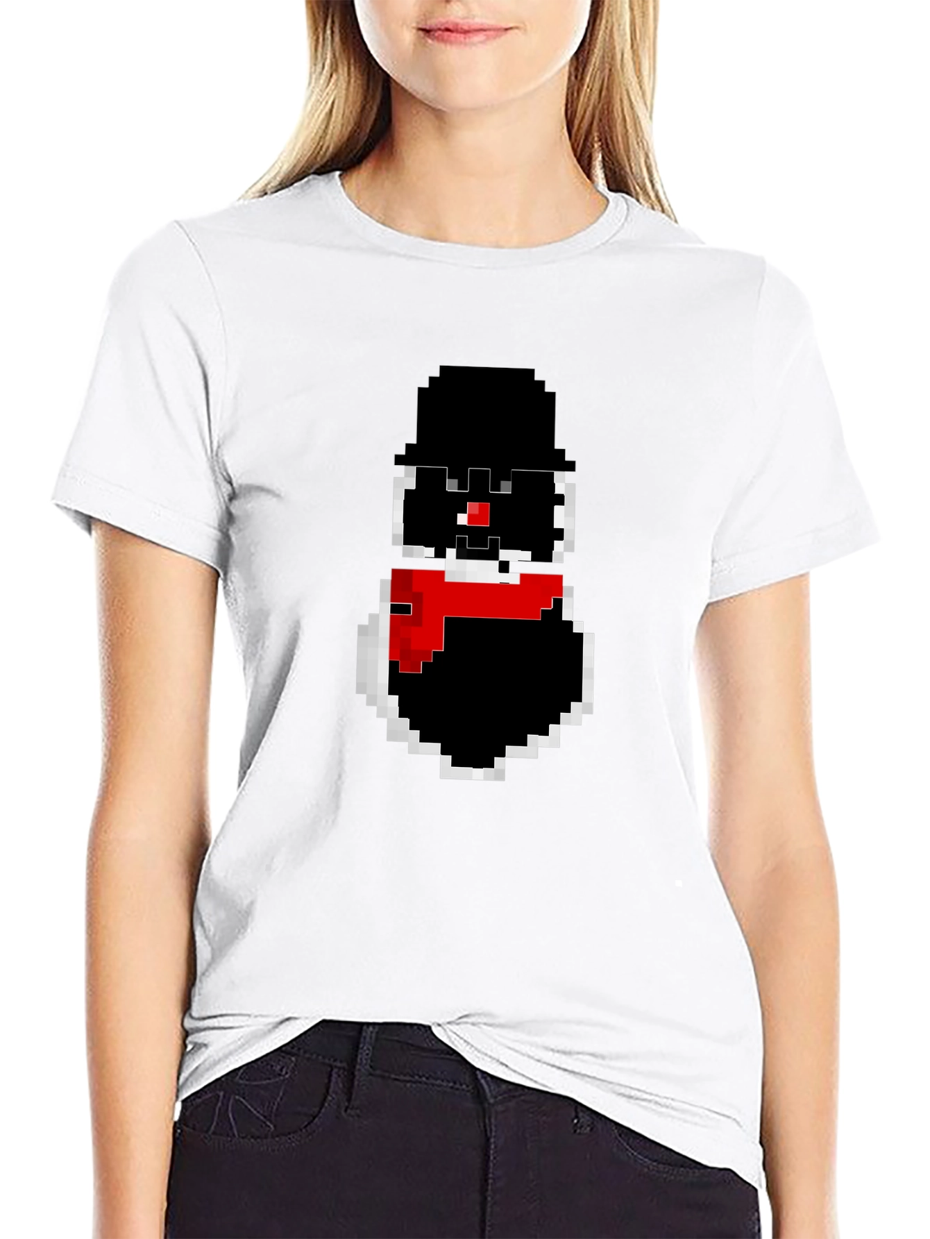 Pixel Snowman Graphic Tee - Black Cotton Blend