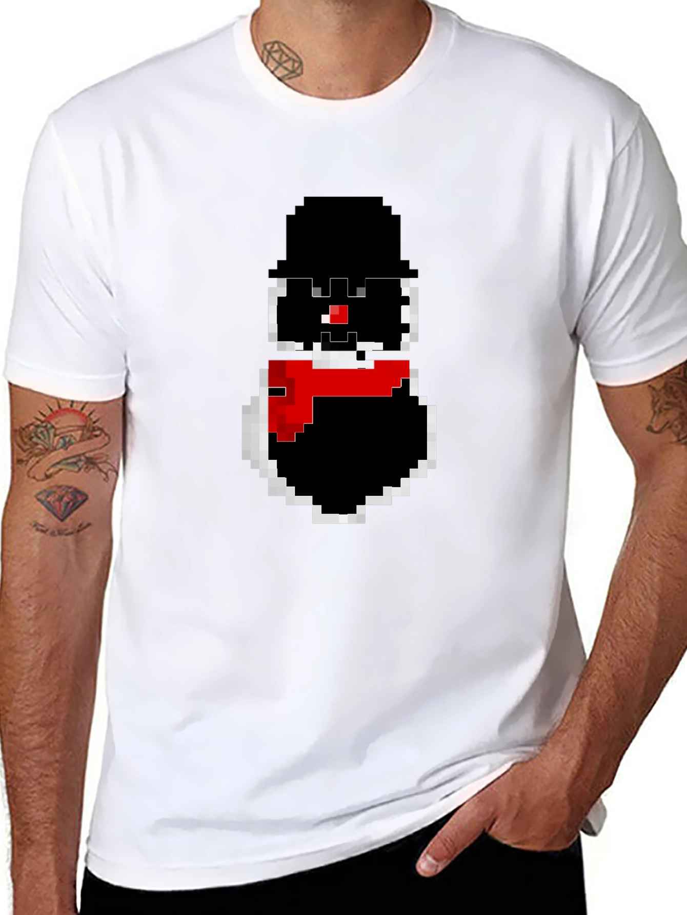Pixel Snowman Graphic Tee - Black Cotton Blend