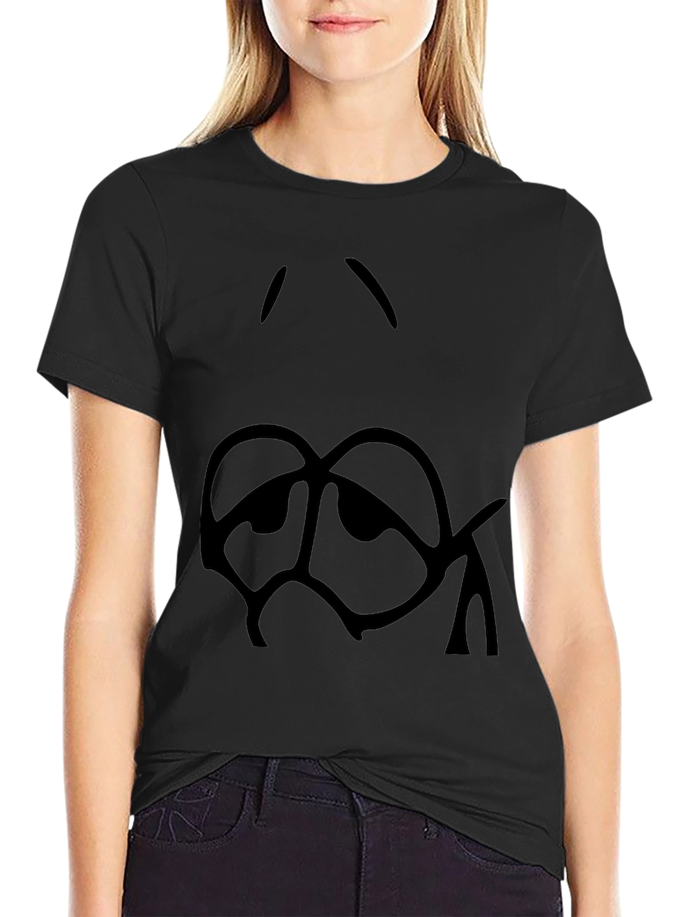 Sad Cartoon Face Black T-Shirt