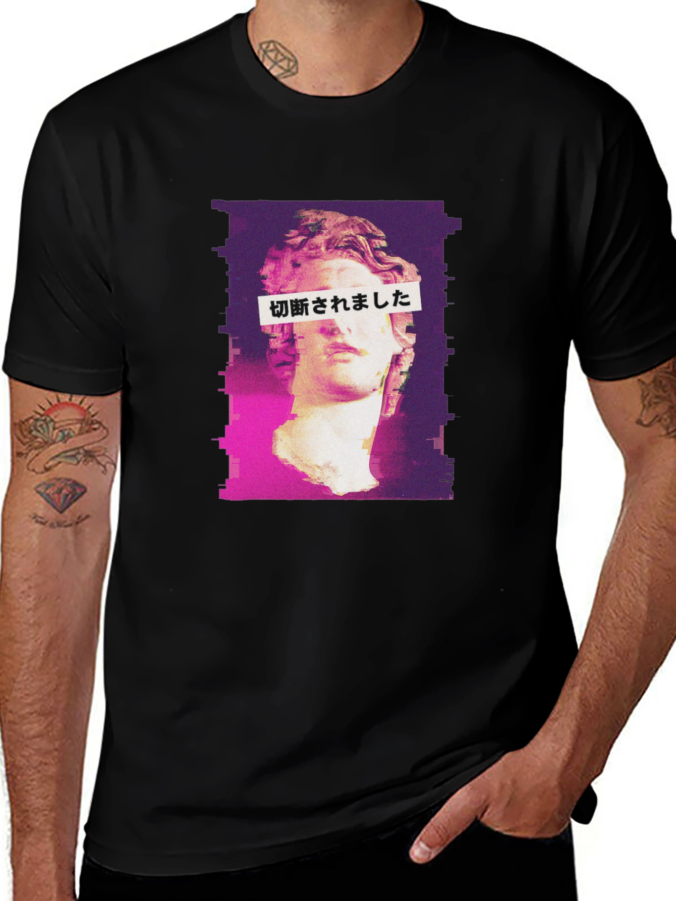Glitch Art Statue Graphic Tee - Black