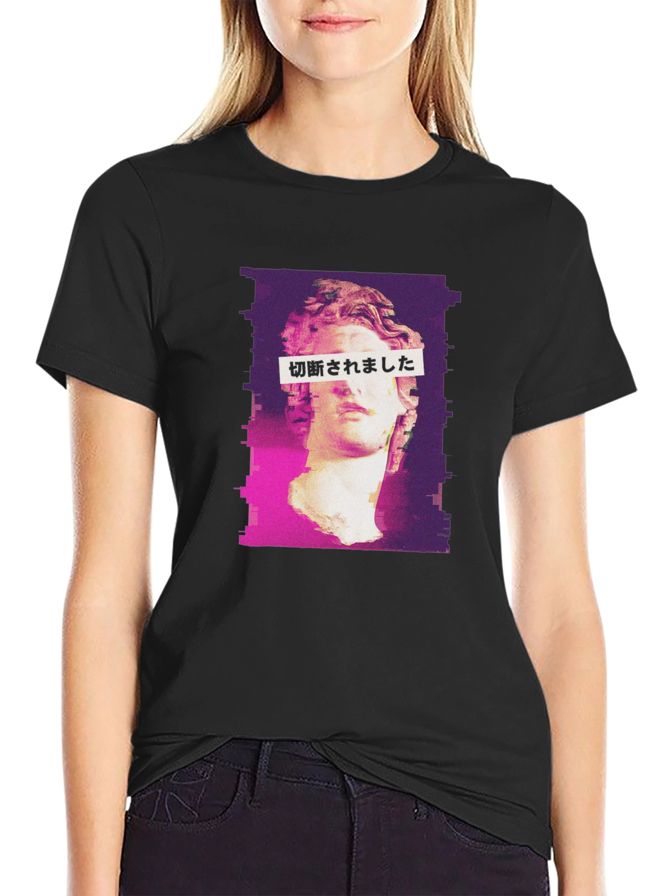 Glitch Art Statue Graphic Tee - Black