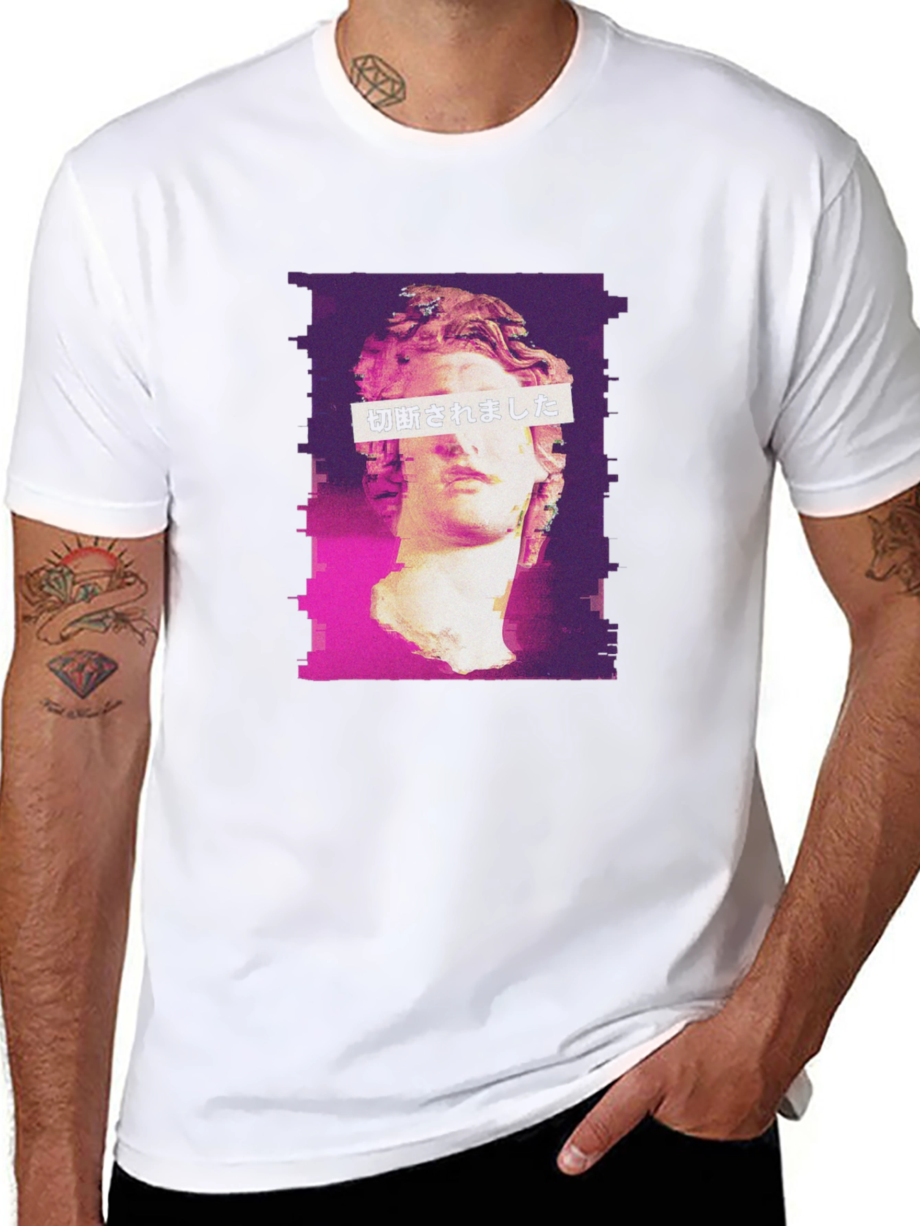 Glitch Art Statue Graphic Tee - Black