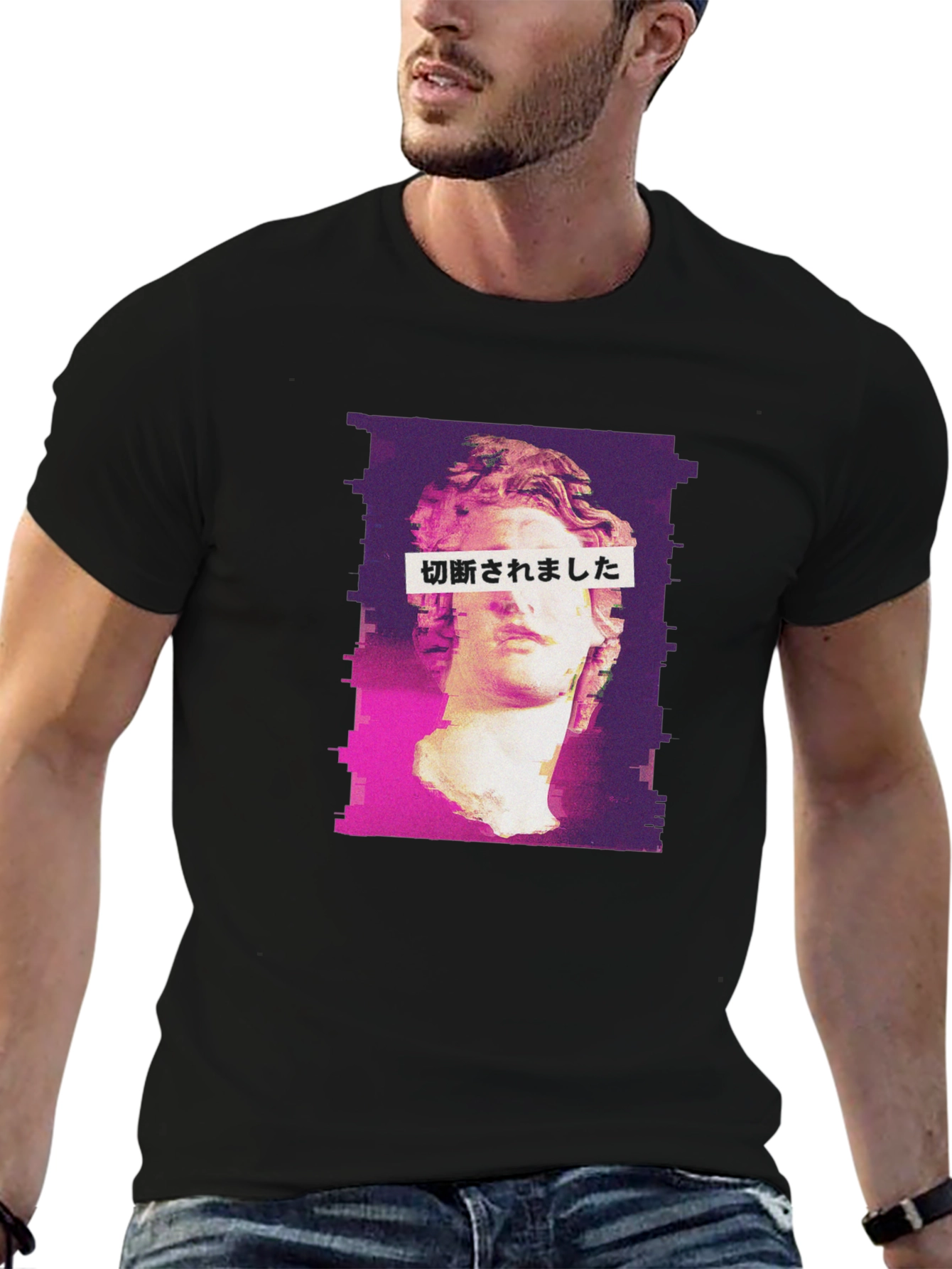 Glitch Art Statue Graphic Tee - Black
