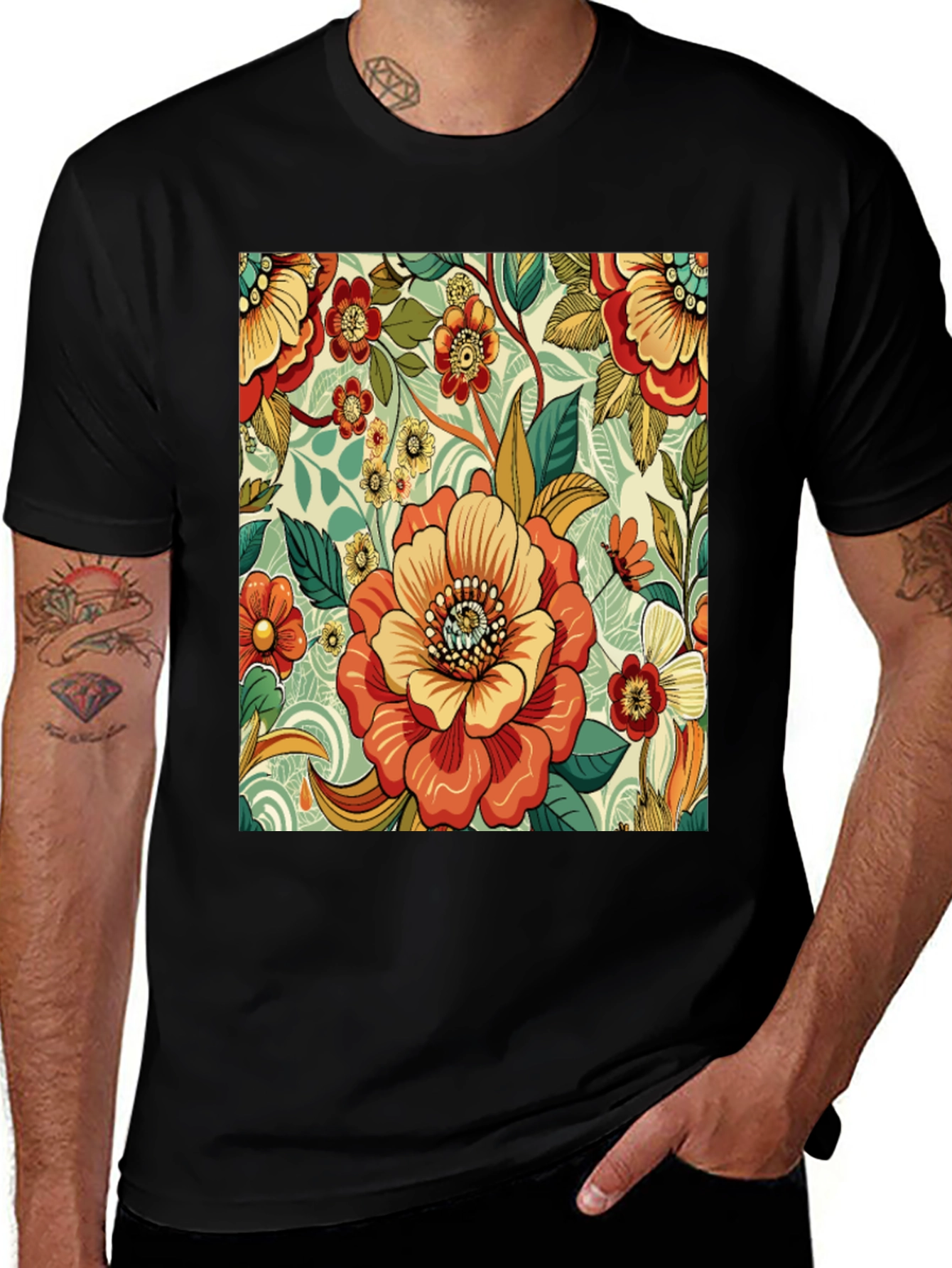 Floral Pattern Print Black T-Shirt