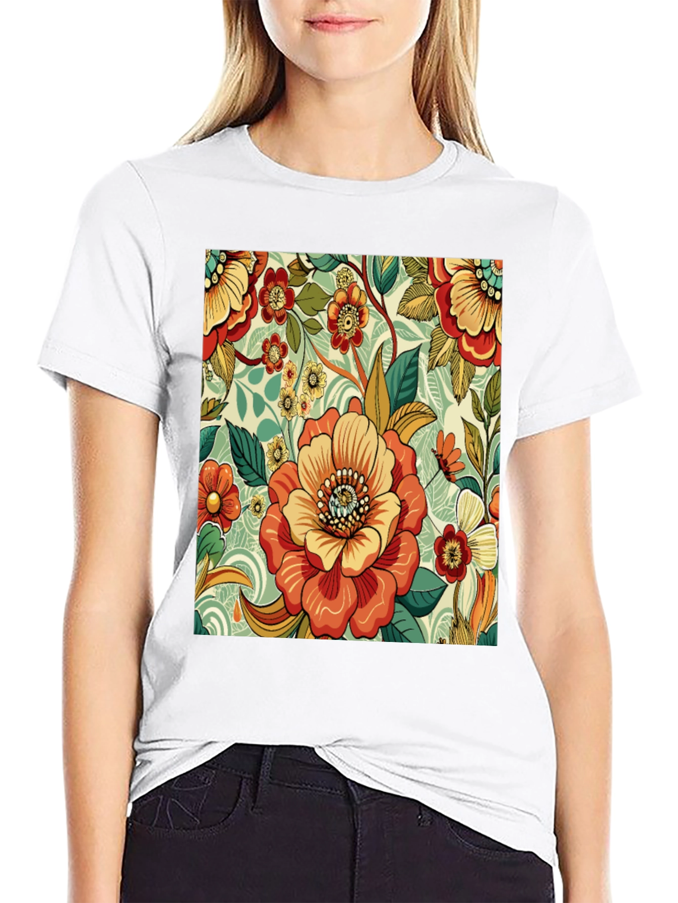 Floral Pattern Print Black T-Shirt