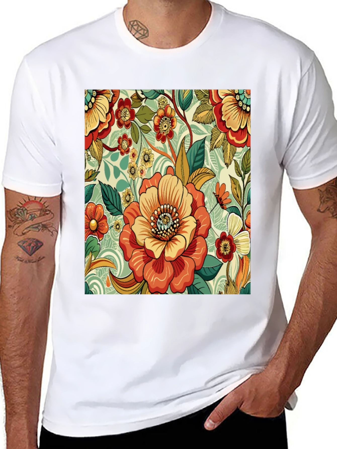Floral Pattern Print Black T-Shirt