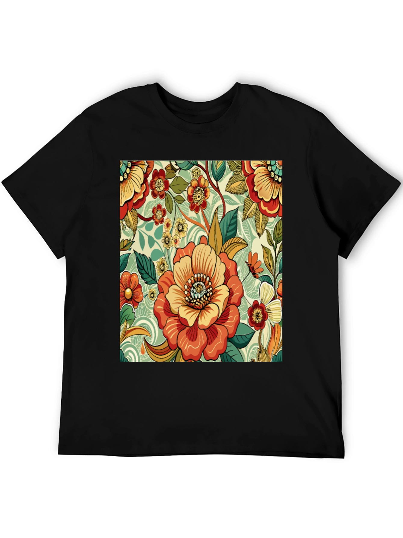 Floral Pattern Print Black T-Shirt