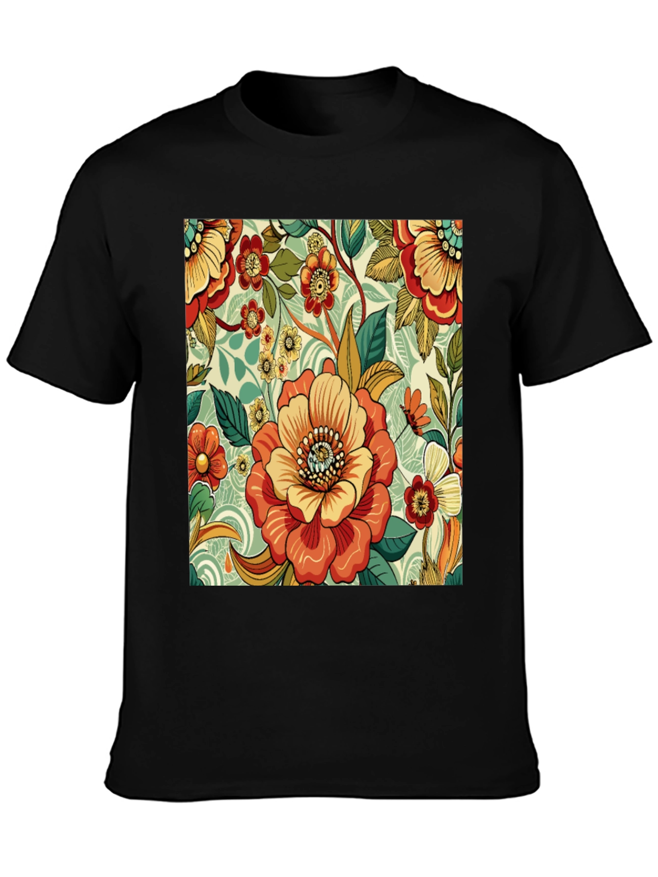 Floral Pattern Print Black T-Shirt