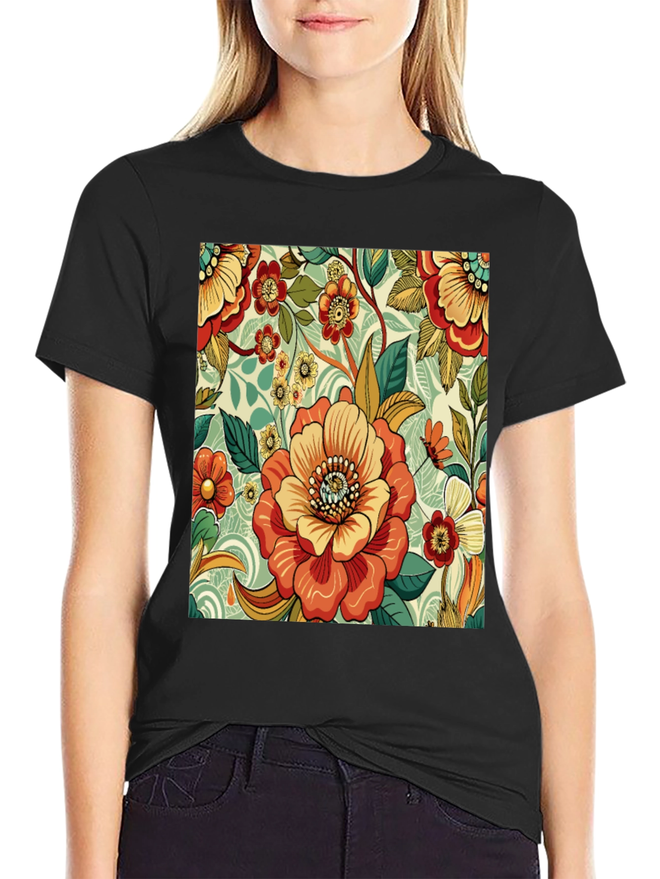 Floral Pattern Print Black T-Shirt