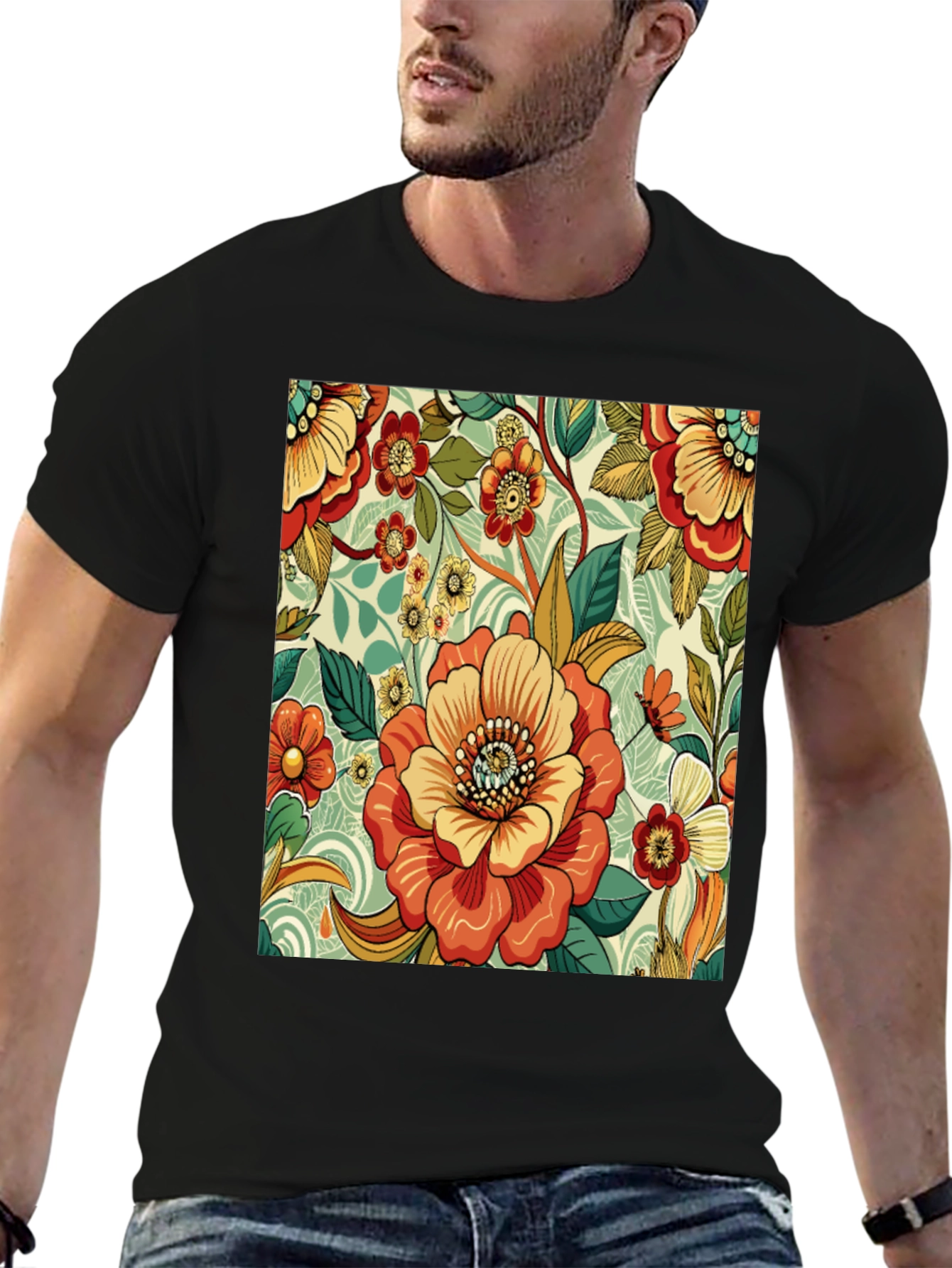 Floral Pattern Print Black T-Shirt