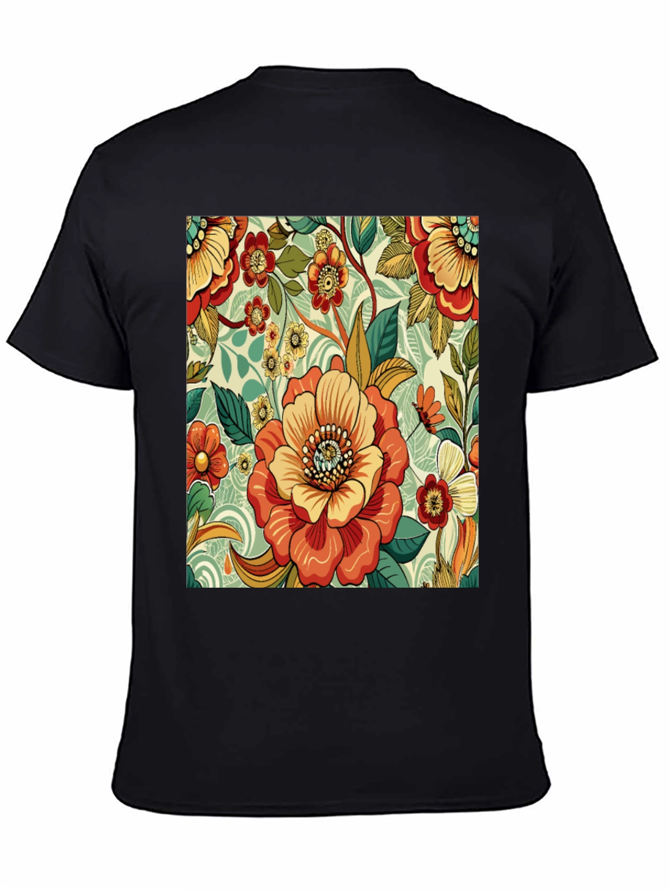 Floral Pattern Print Black T-Shirt