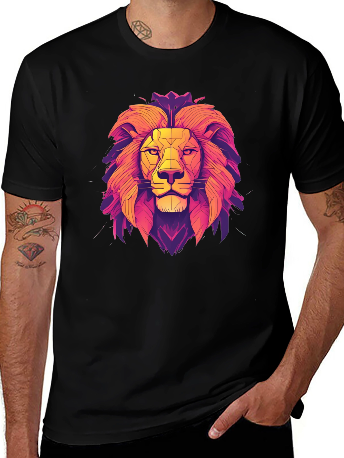 Lion Geometric Graphic Print Black T-Shirt