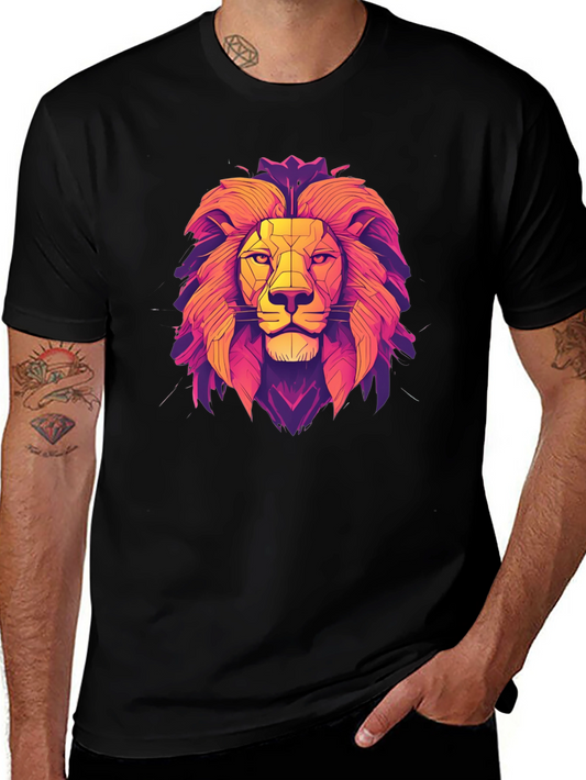 Lion Geometric Graphic Print Black T-Shirt