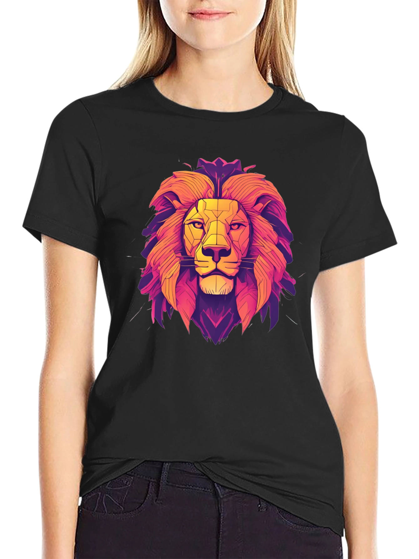 Lion Geometric Graphic Print Black T-Shirt
