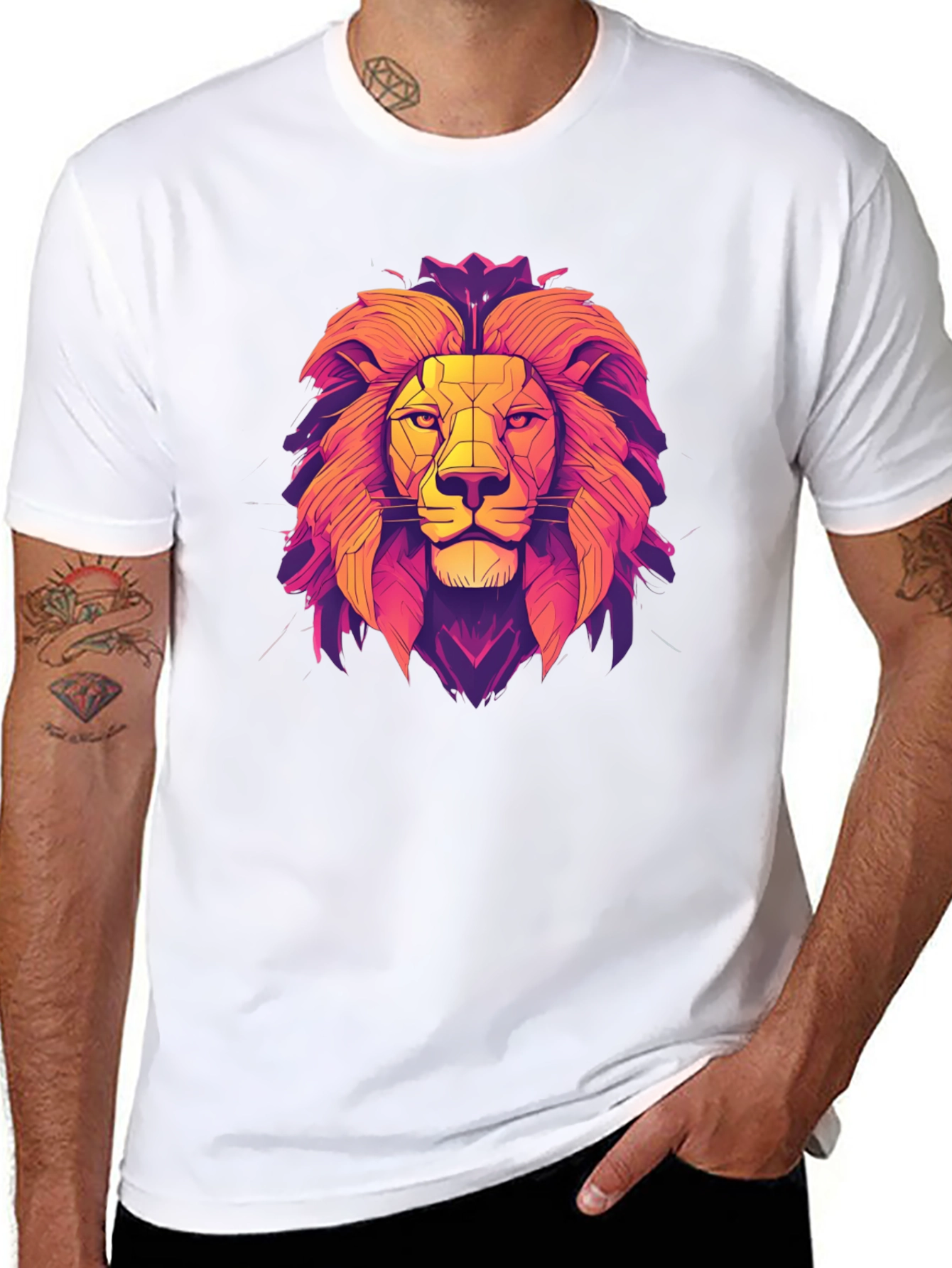 Lion Geometric Graphic Print Black T-Shirt