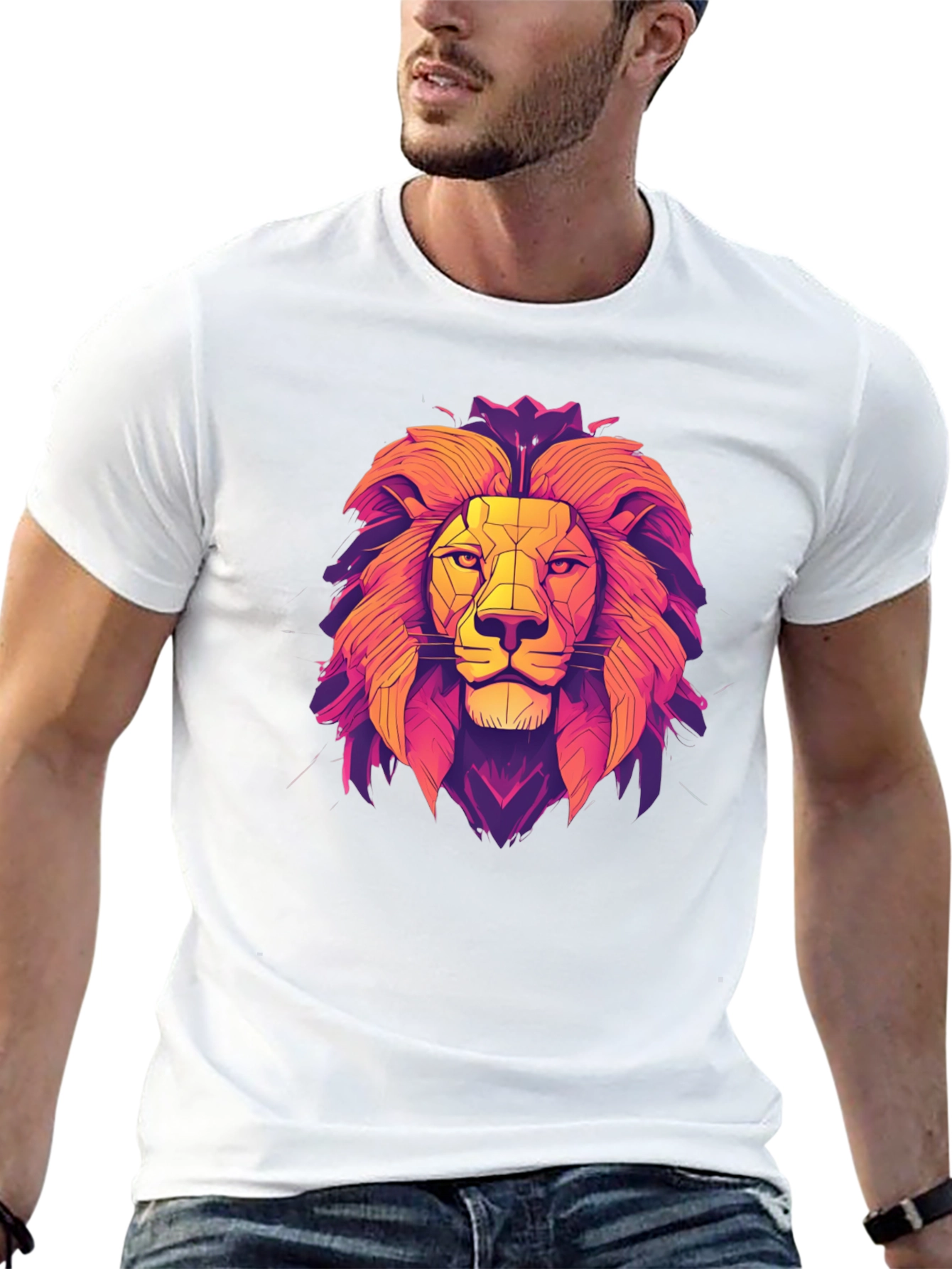 Lion Geometric Graphic Print Black T-Shirt