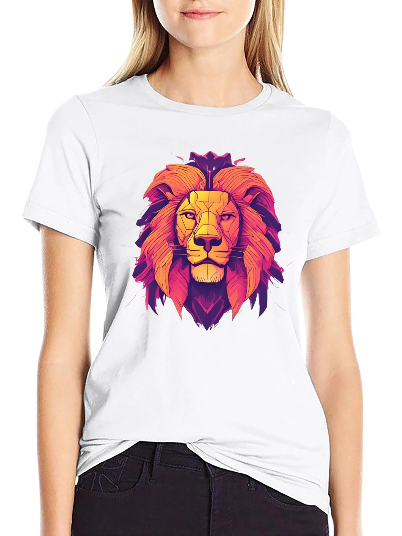 Lion Geometric Graphic Print Black T-Shirt