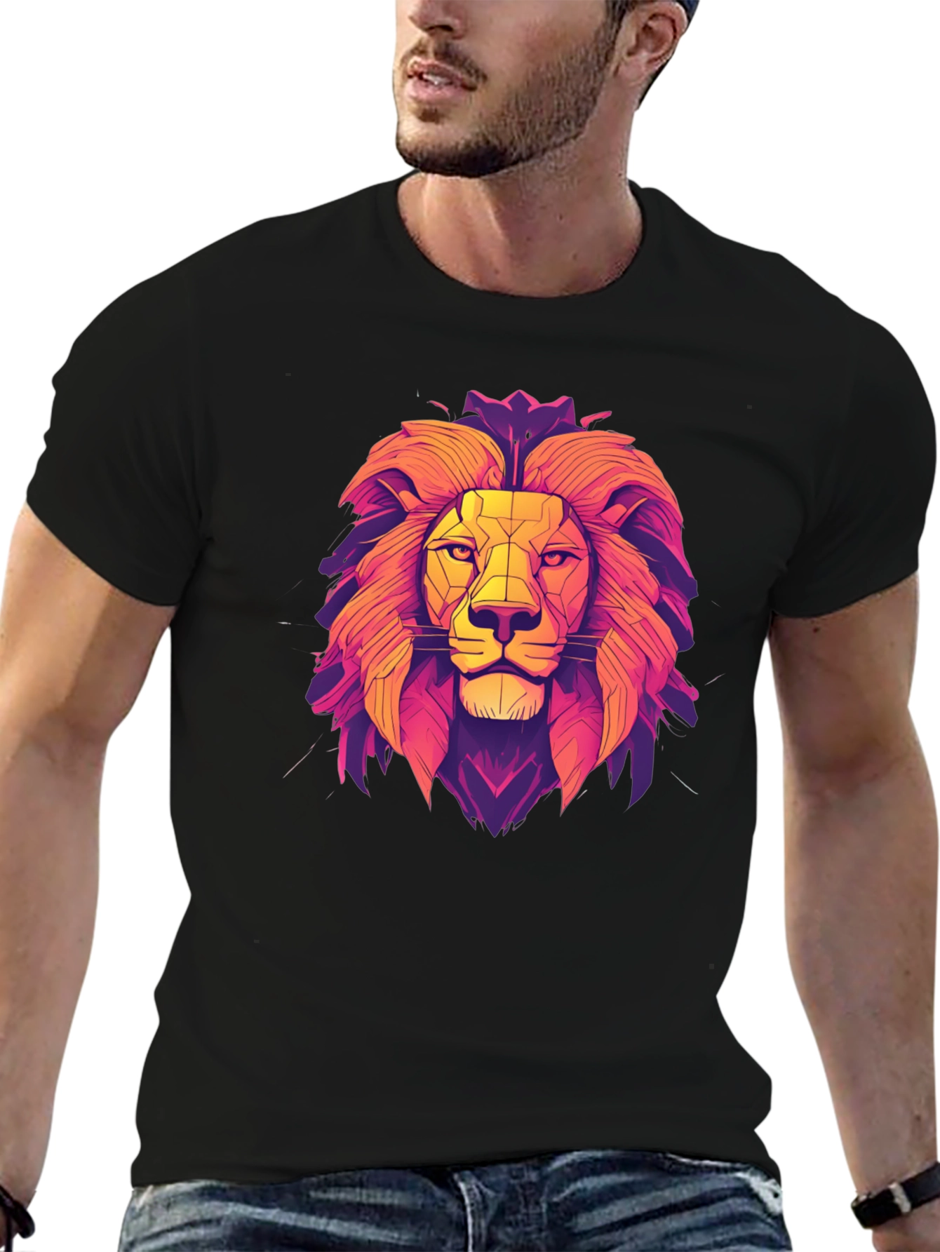 Lion Geometric Graphic Print Black T-Shirt
