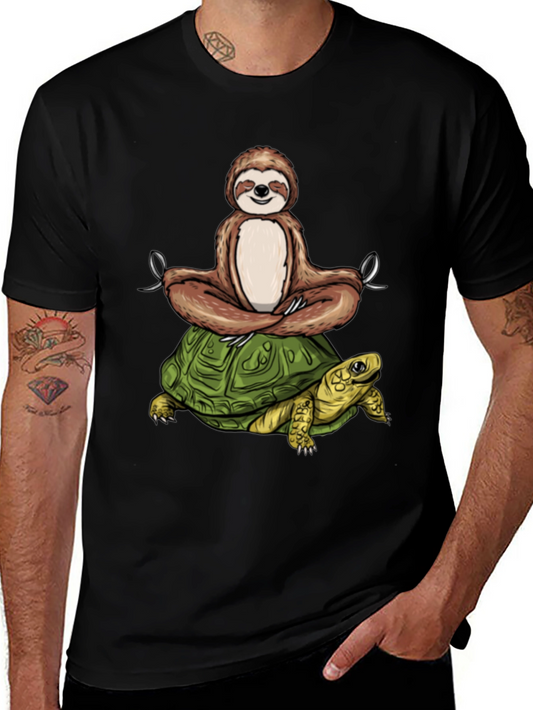 Sloth Meditating on Turtle Black T-Shirt