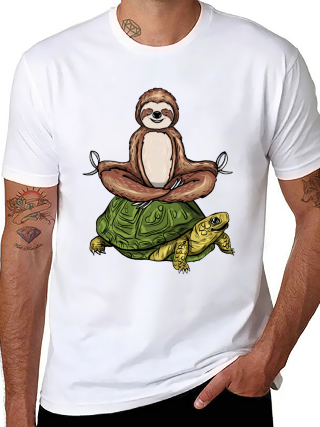 Sloth Meditating on Turtle Black T-Shirt