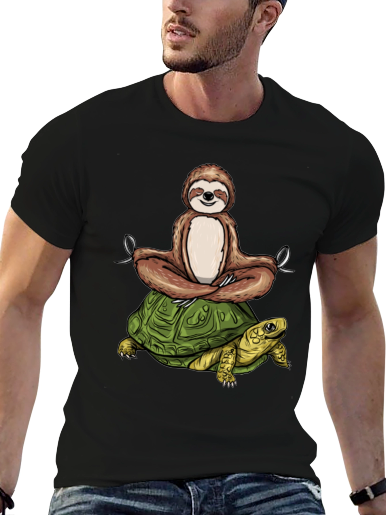 Sloth Meditating on Turtle Black T-Shirt