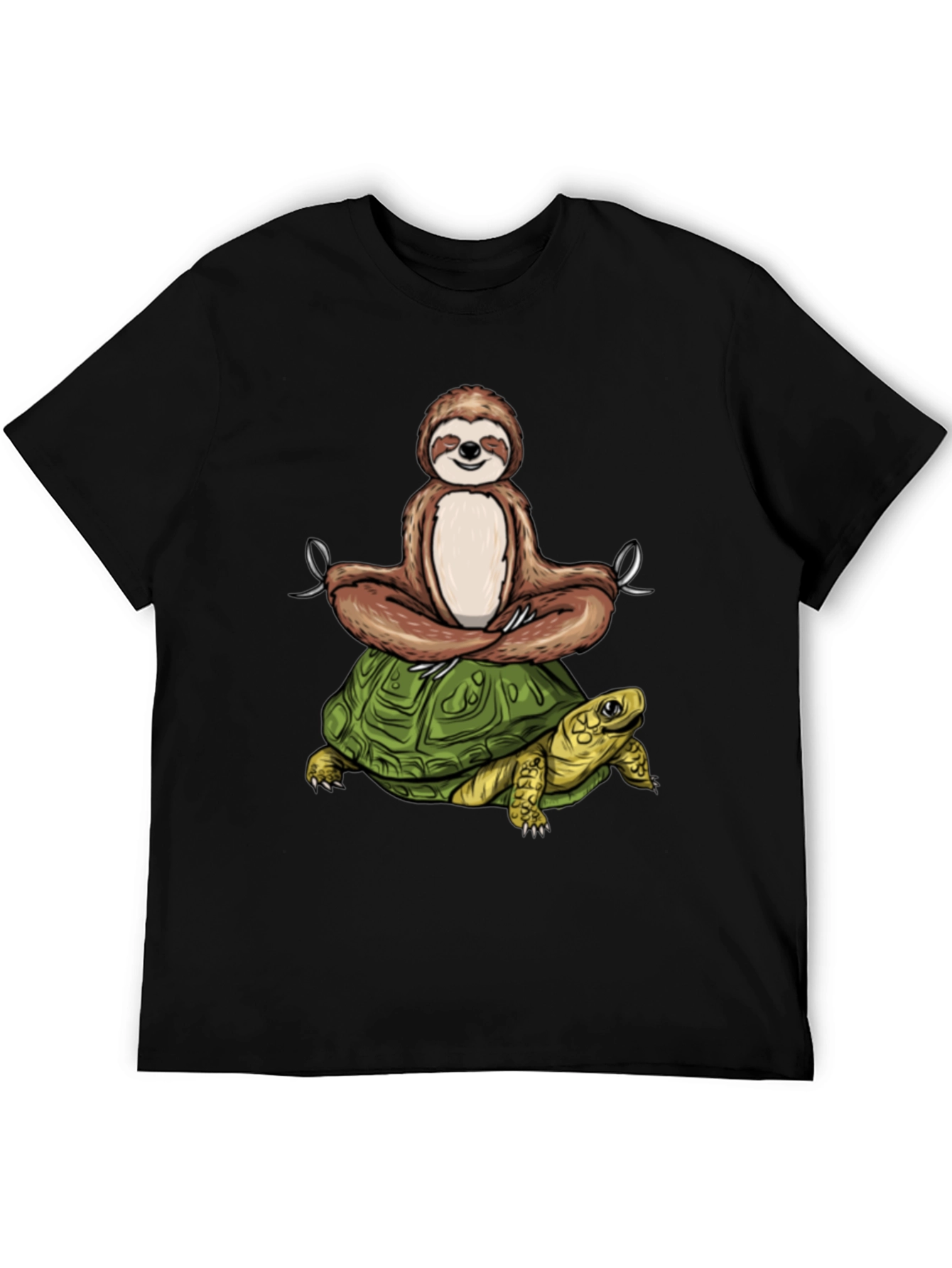 Sloth Meditating on Turtle Black T-Shirt