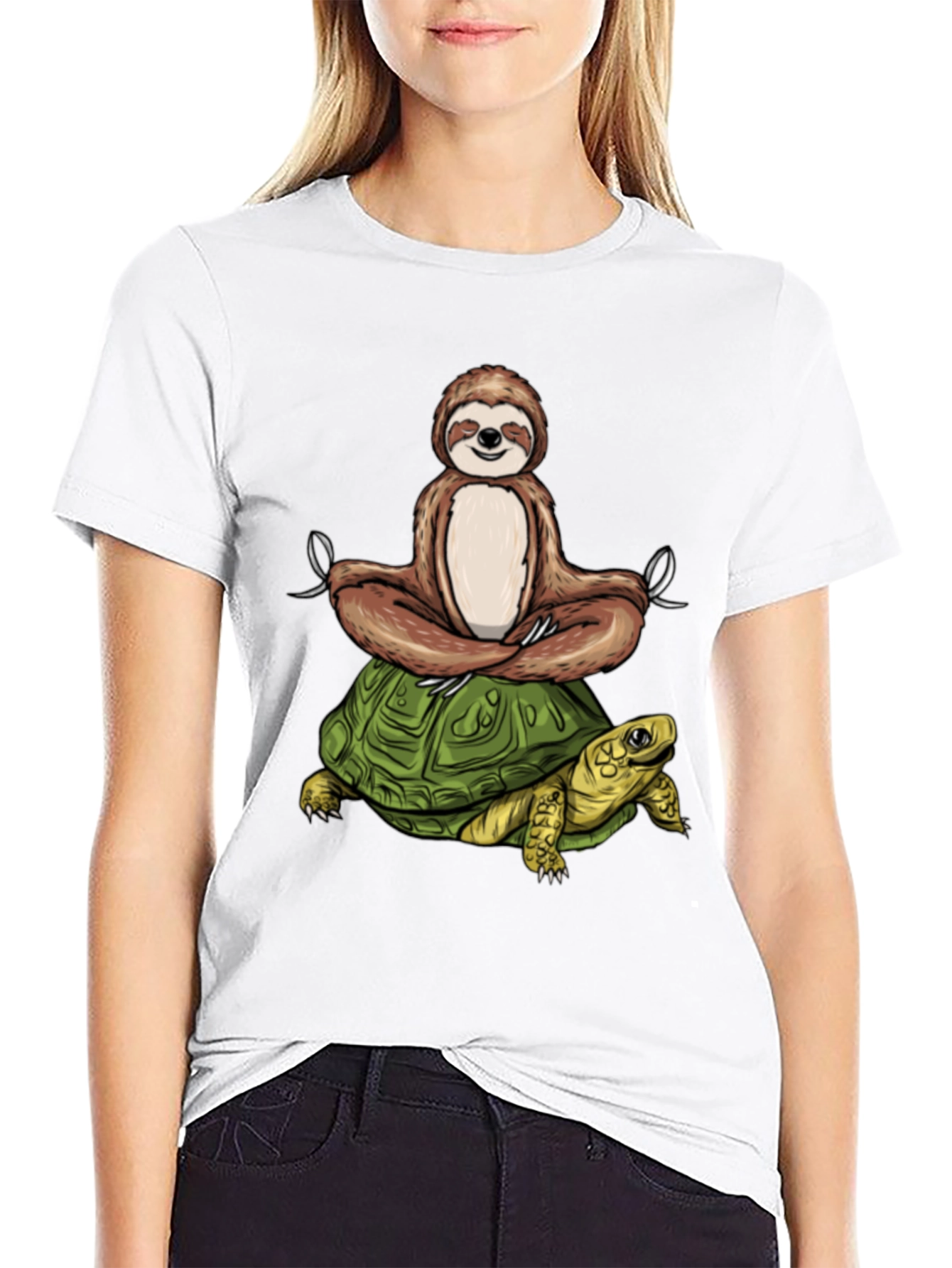 Sloth Meditating on Turtle Black T-Shirt