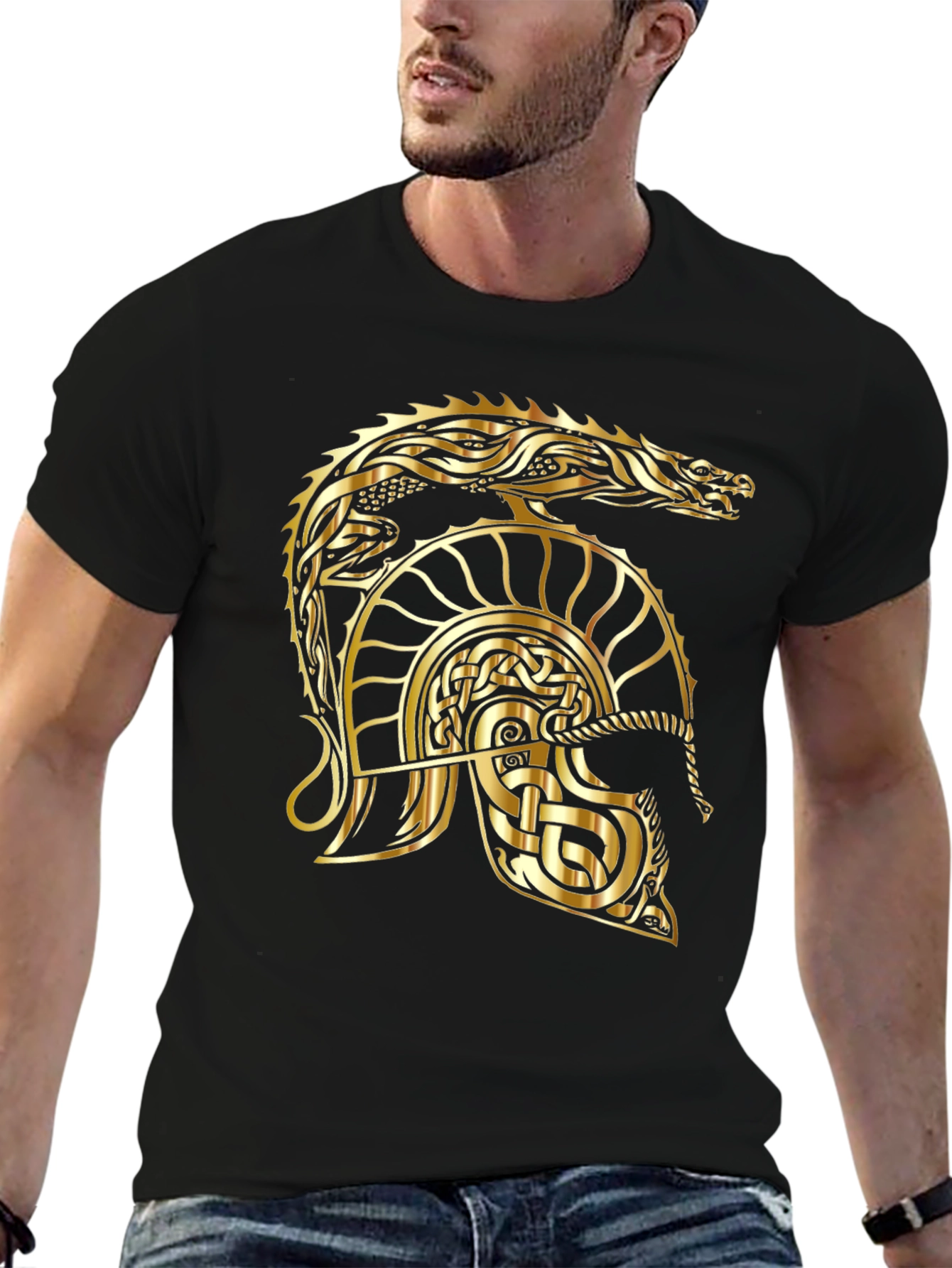 Gold Dragon Helmet Black T-Shirt