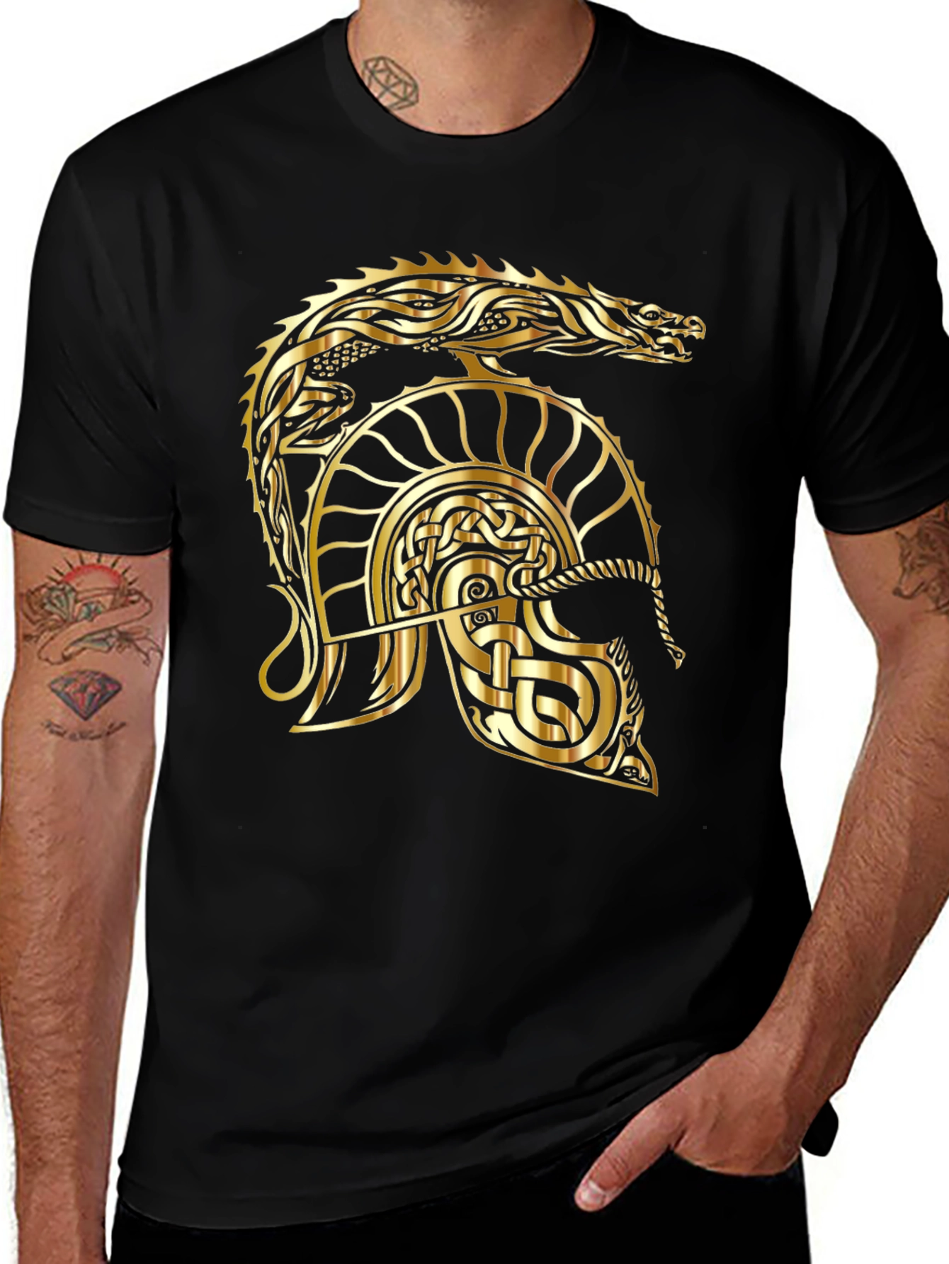 Gold Dragon Helmet Black T-Shirt