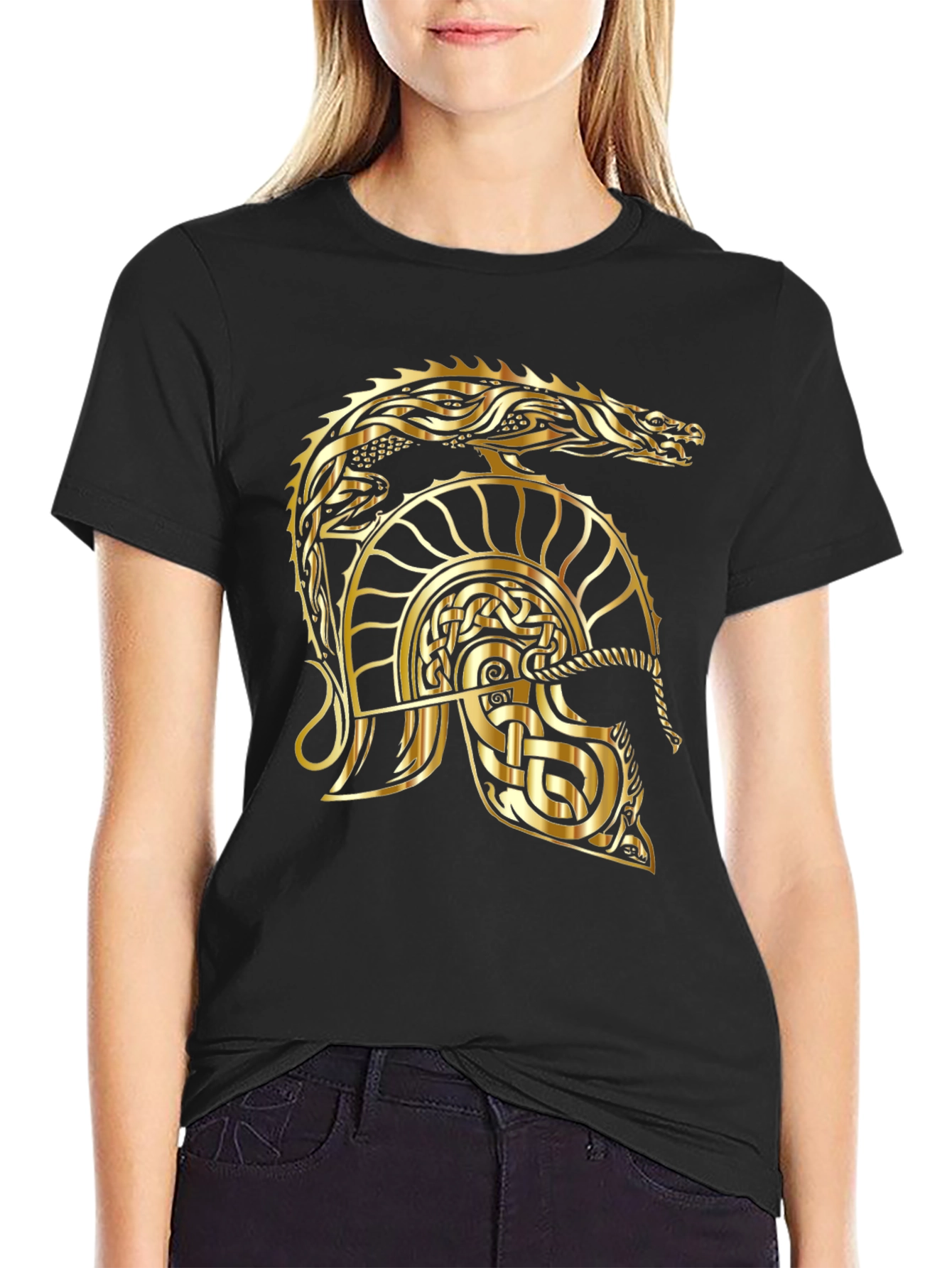 Gold Dragon Helmet Black T-Shirt