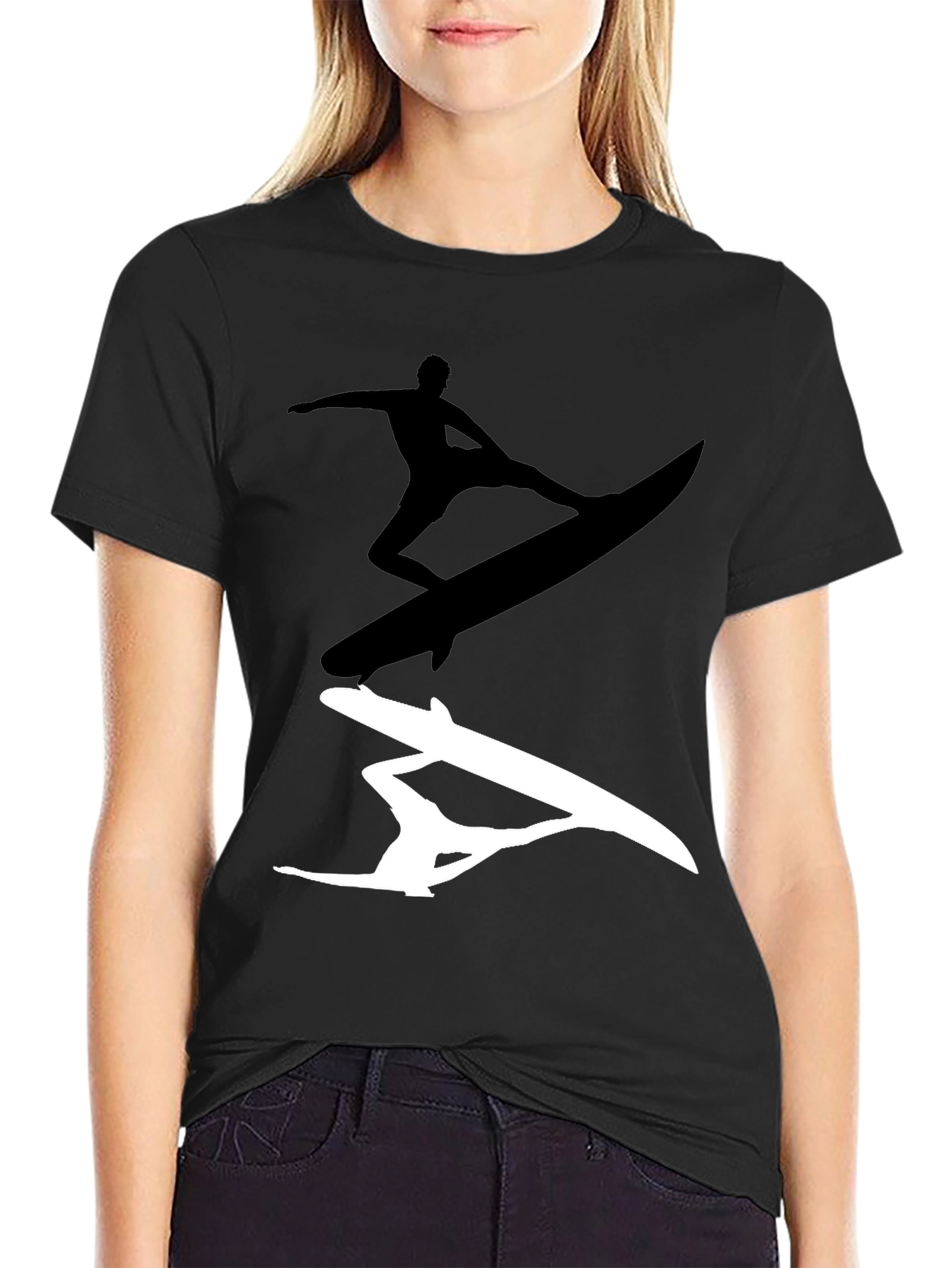 Surfer Silhouette Graphic Tee - Black Cotton Blend