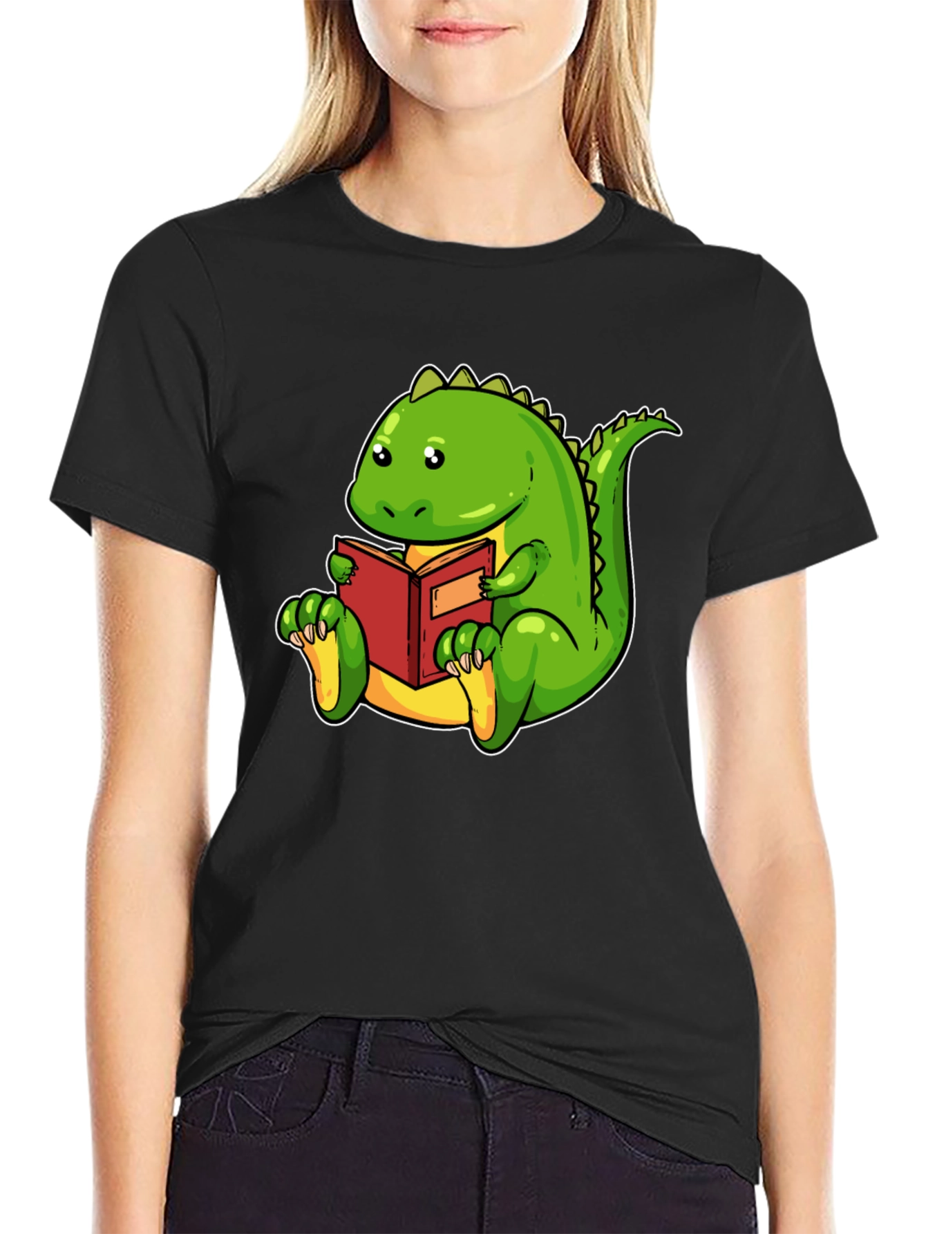 Dinosaur Reading Book Black T-Shirt