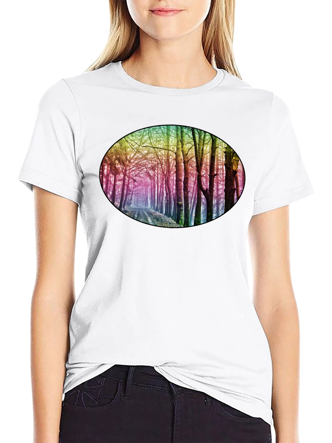 Rainbow Forest Print Black T-Shirt