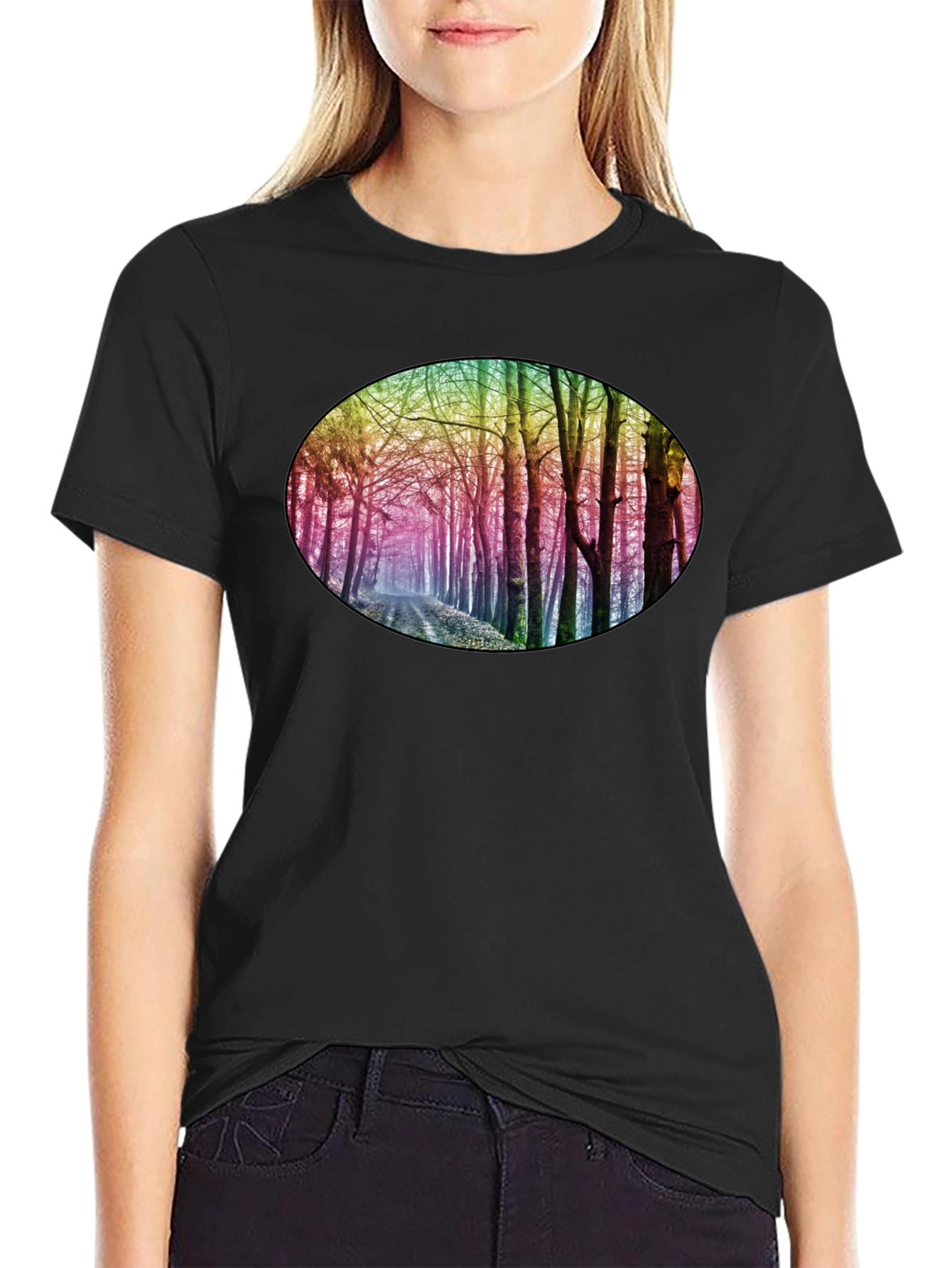 Rainbow Forest Print Black T-Shirt