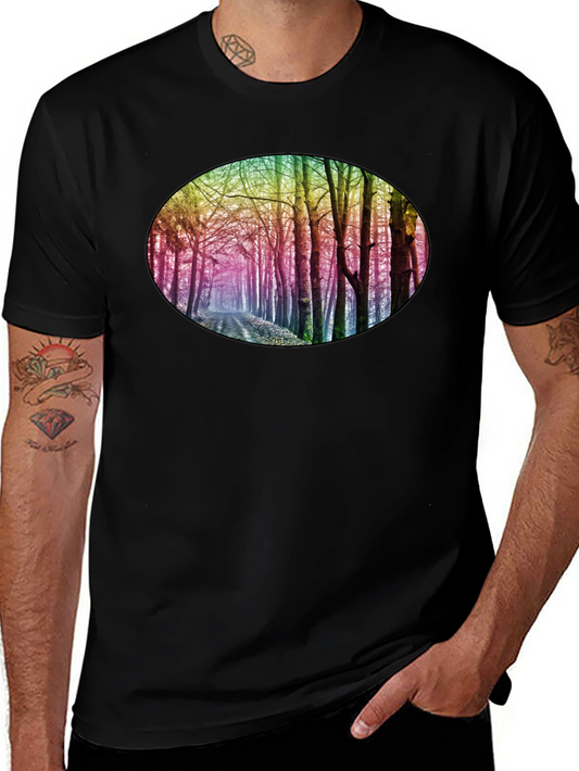 Rainbow Forest Print Black T-Shirt