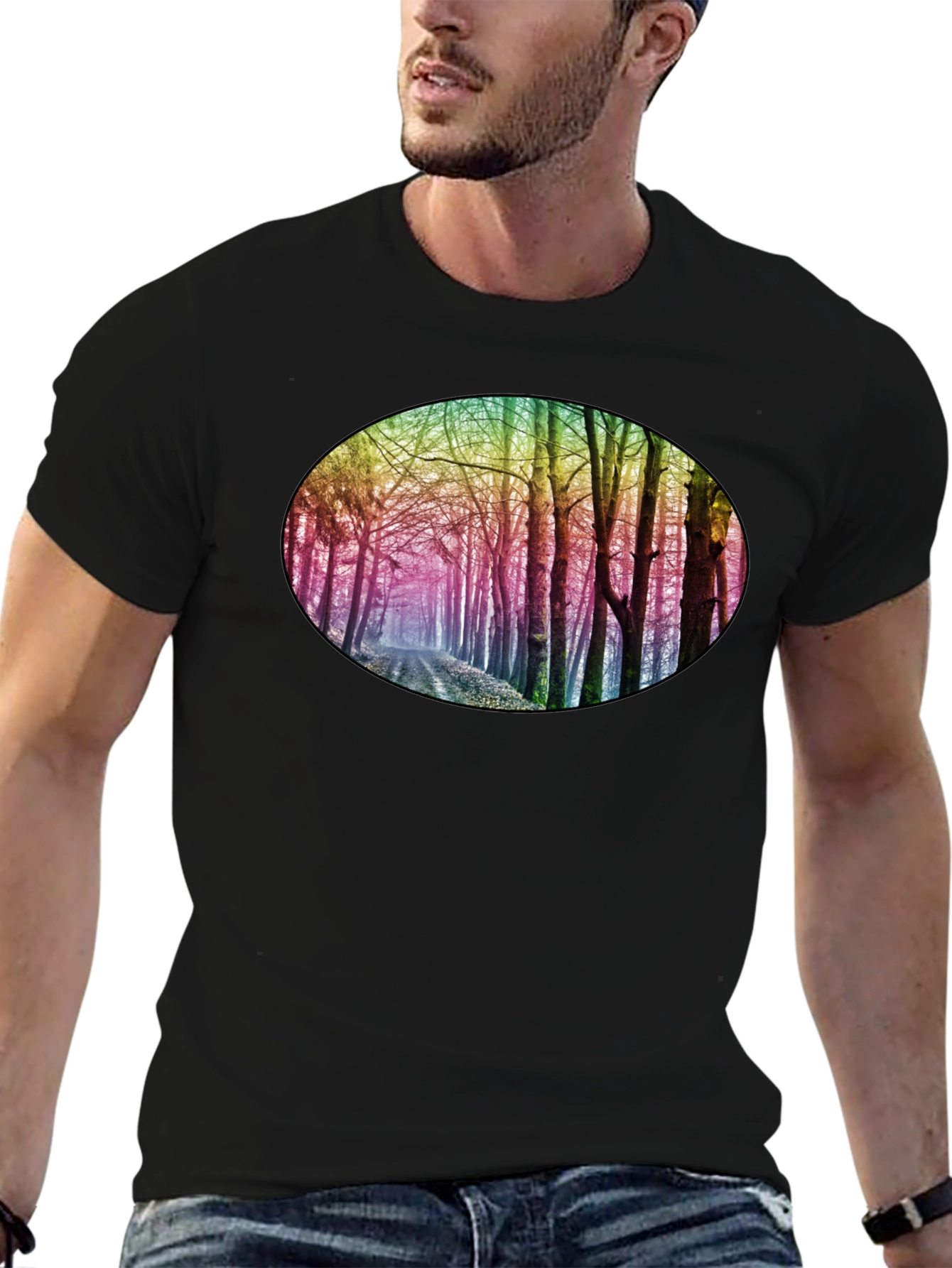 Rainbow Forest Print Black T-Shirt
