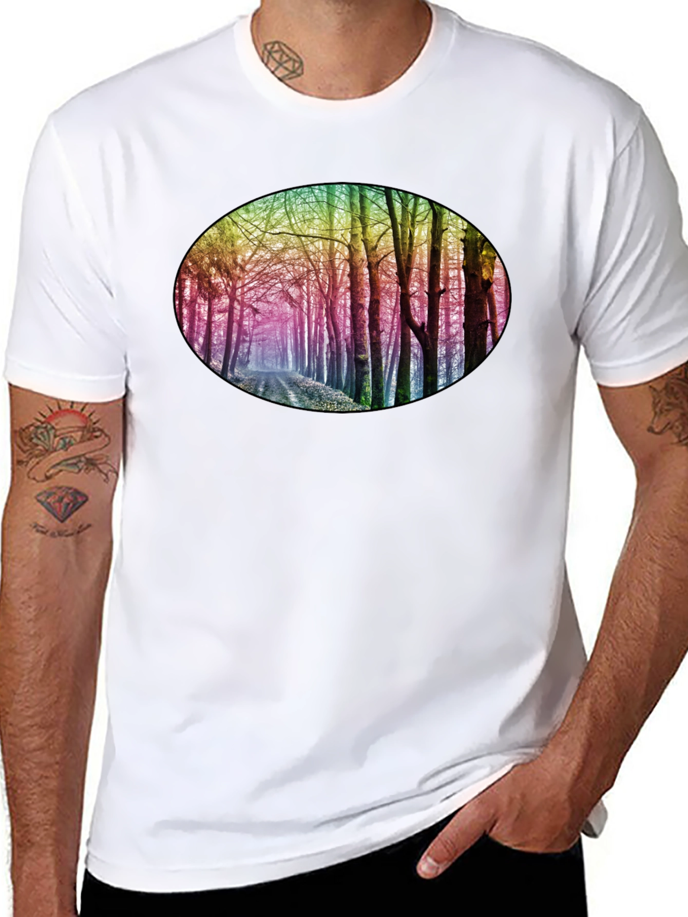 Rainbow Forest Print Black T-Shirt